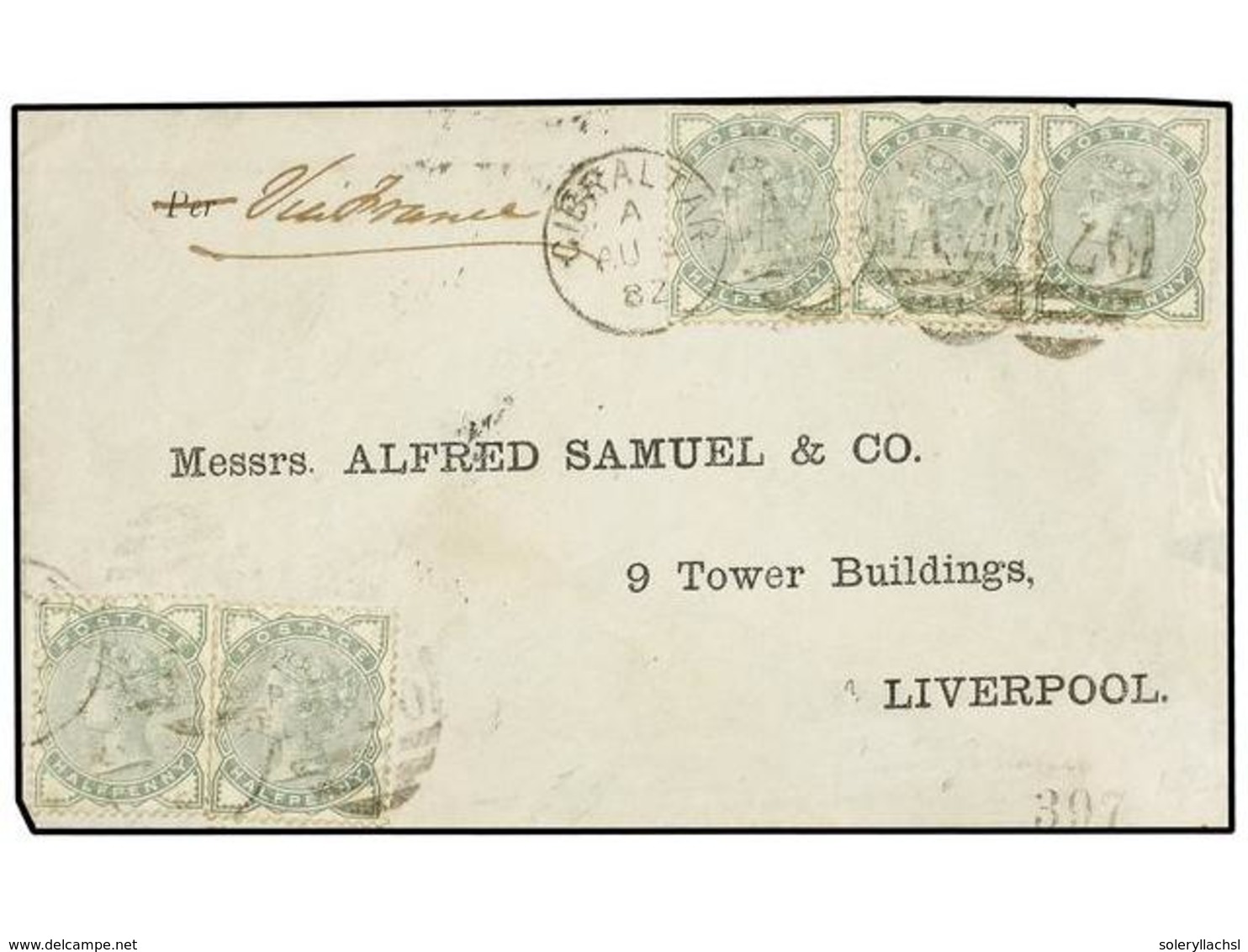 529A GIBRALTAR. 1882. GIBRALTAR To LIVERPOOL. Envelope Franked With Five <B>1/2 D.</B> Green Stamps. Rare Franking. - Andere & Zonder Classificatie