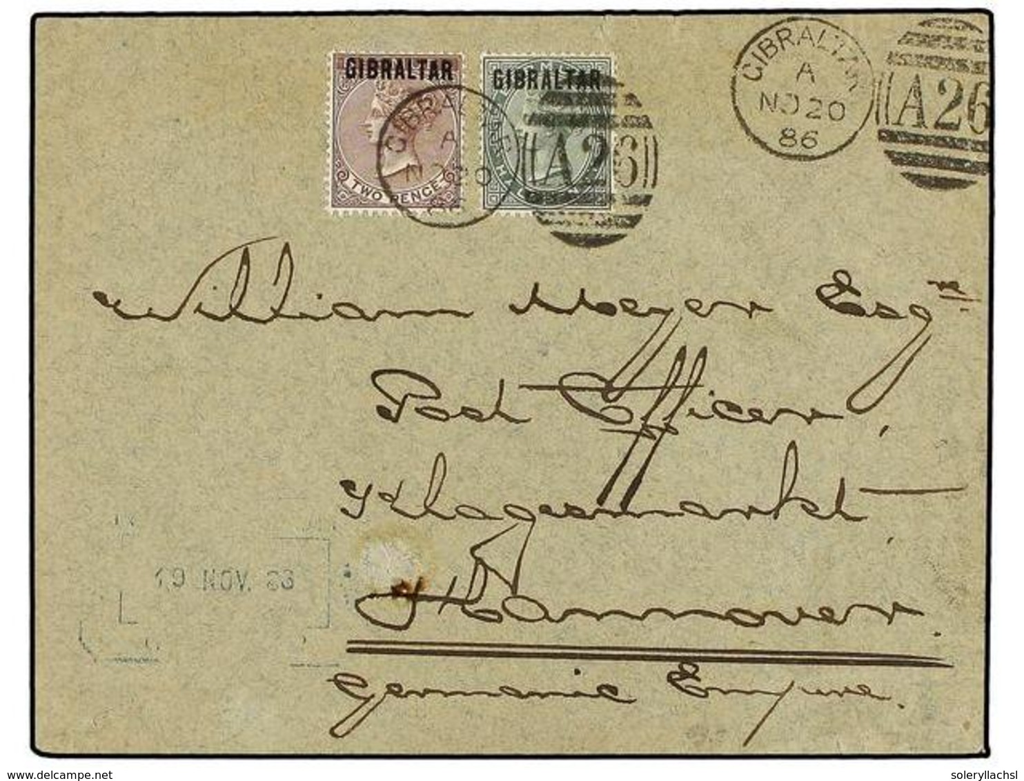 530 GIBRALTAR. Sg.1, 3. 1886. GIBRALTAR To GERMANY. Envelope Franked By <B>1/2 D.</B> Green And <B>2 D.</B> Purple Brown - Autres & Non Classés