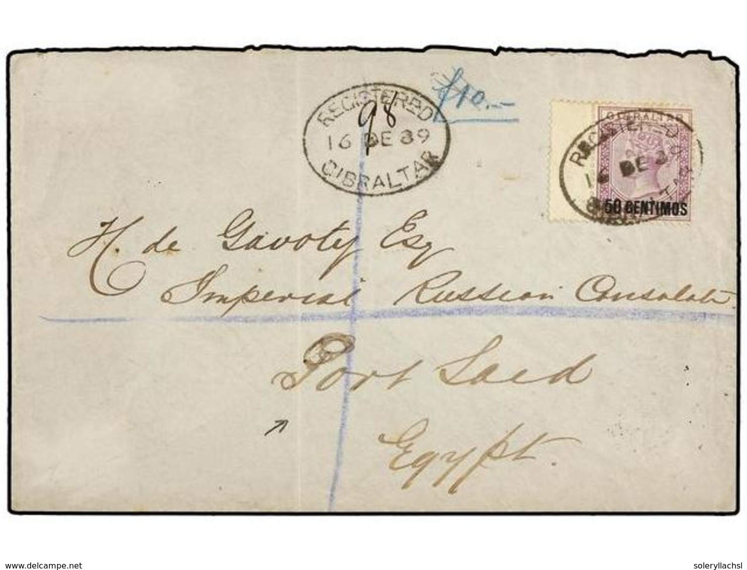 531 GIBRALTAR. 1889. GIBRALTAR To PORT SAID (Egypt). <B>50 Cts. On 6 D.</B> Lilac. Registered Cover Rare Destination, Ar - Autres & Non Classés