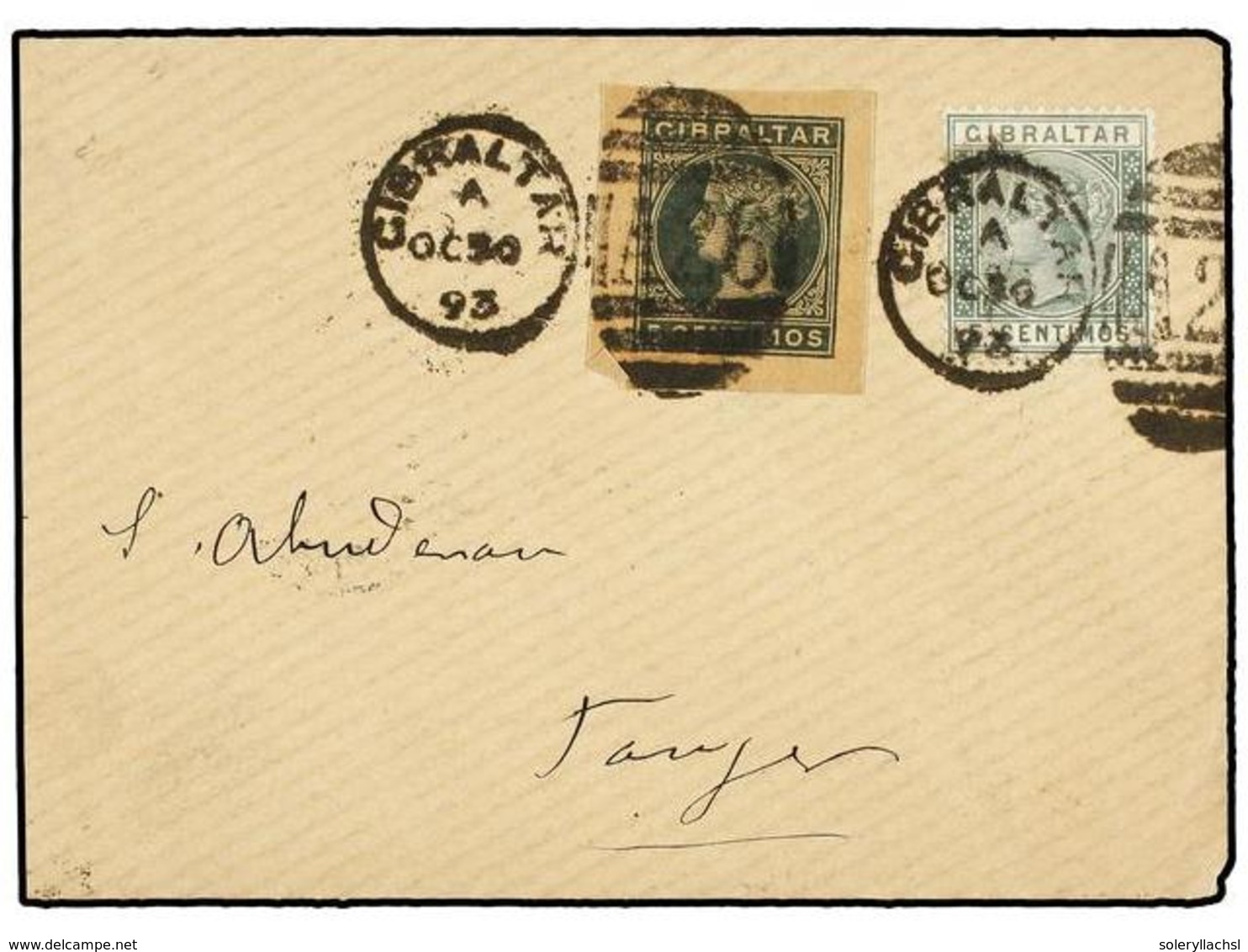 533 GIBRALTAR. Sg.22. 1893. GIBRALTAR To TANGER. <B>5 Cts.</B> Green And <B>5 Cts.</B> Postal Station Cut Envelope Reduc - Andere & Zonder Classificatie