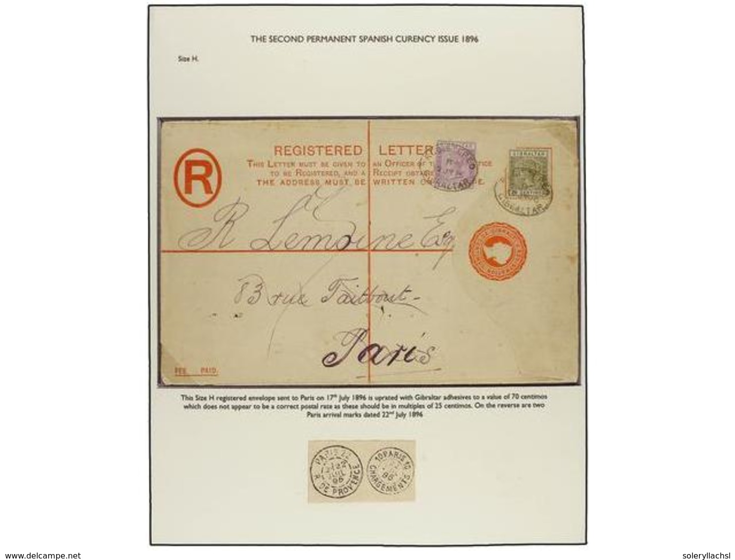 535 GIBRALTAR. Sg.25, 28. 1896. GIBRALTAR To FRANCE. <B>20 Cents.</B> Red, Registered Envelope (Size H) Uprated With <B> - Autres & Non Classés