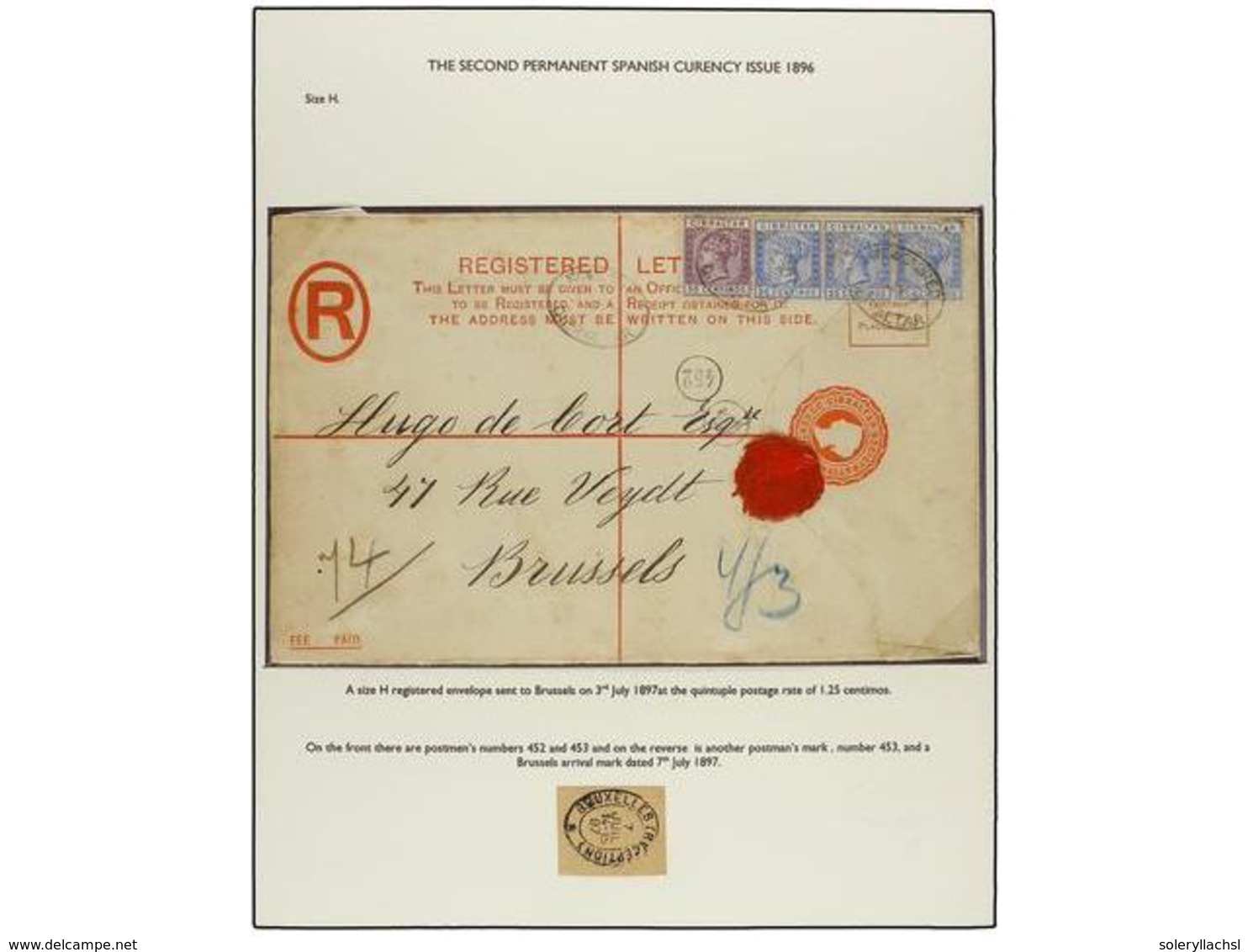 536 GIBRALTAR. Sg.26 (3), 28. 1897. GIBRALTAR To BELGIUM. <B>20 Cts.</B> Red Registered Envelope (Size H) Uprated Wtih T - Andere & Zonder Classificatie