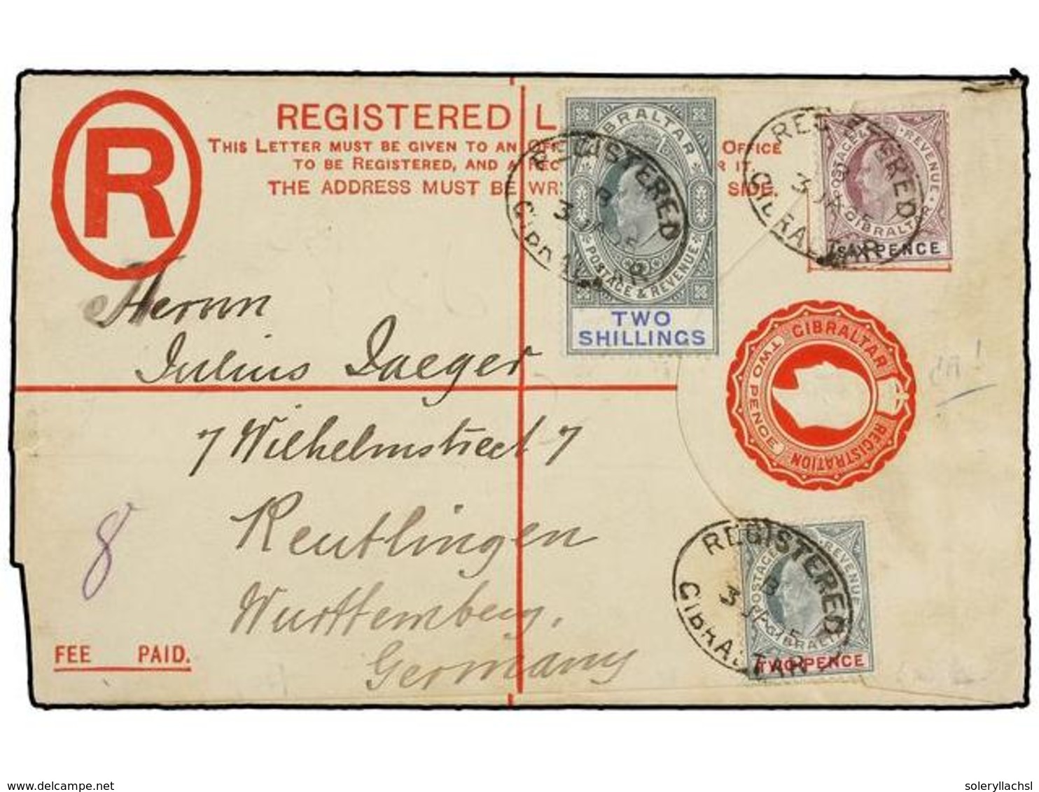 538 GIBRALTAR. Sg.58, 60, 62. 1905. GIBRALTAR To GERMANY. <B>2 D.</B> Red, Registered Envelope Uprated With <B>2 D., 6 D - Autres & Non Classés