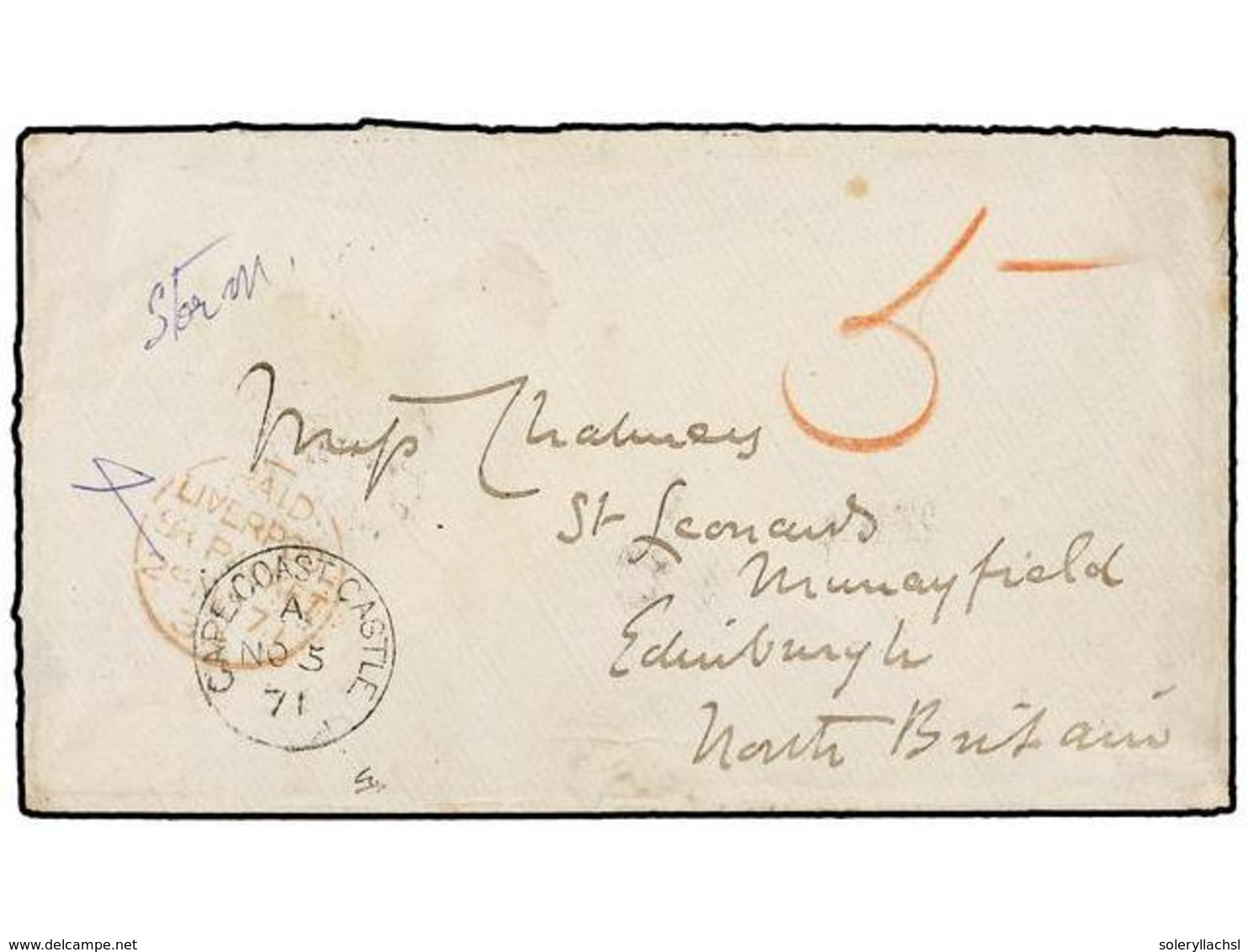 540 COSTA DE ORO. 1871 (Nov 5). Envelope, Embossed Seal 'Spero' On Reverse Addressed From D. Patrick Chalmers To Edinbur - Autres & Non Classés