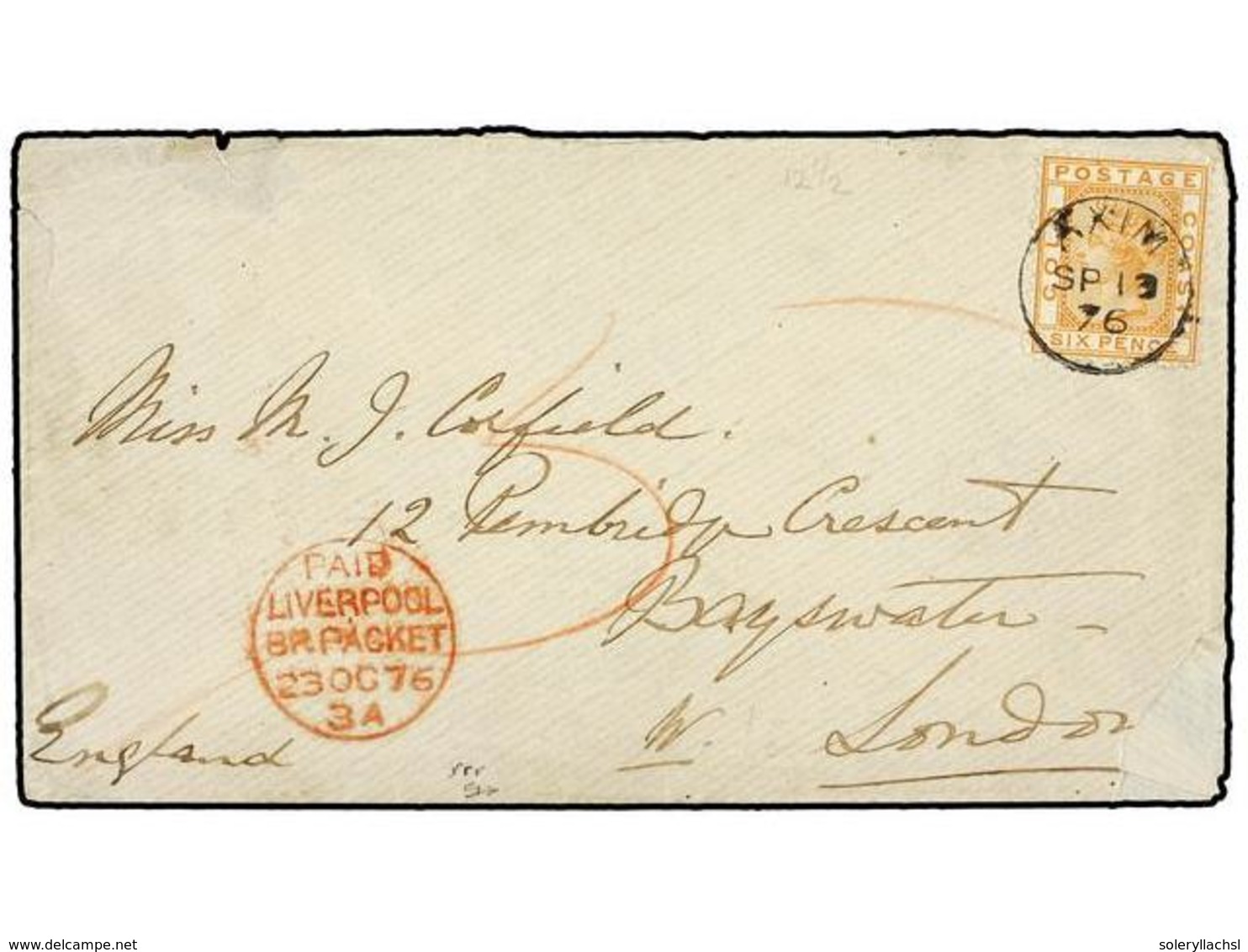 541 COSTA DE ORO. Sg.3. 1876. Envelope To LONDON, Franked With 1875 <B>6 D.</B> Orange, Wmk Crown CC, Perf. 12 1/2, Tied - Autres & Non Classés