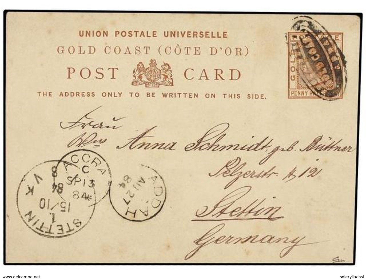 542 COSTA DE ORO. 1884 (Aug 27). <B>Addah</B>. <B>1½d.</B> Brown Stationery Card (Plate 1), Used To Stettin, Germany Can - Autres & Non Classés