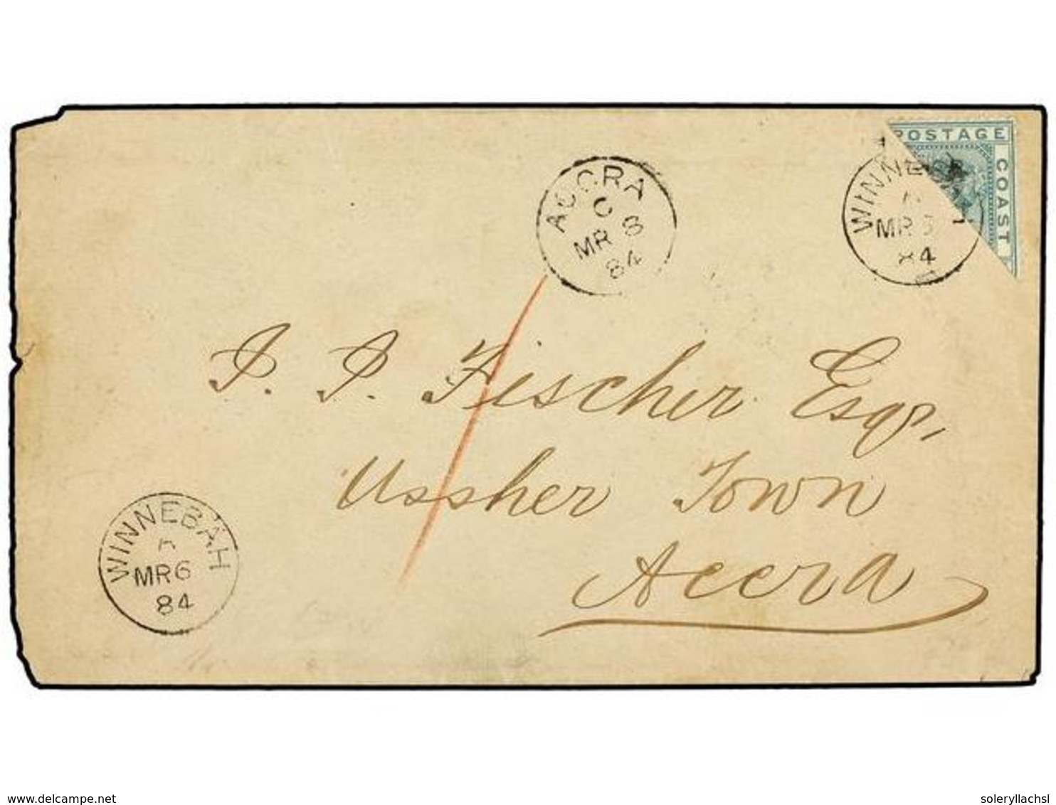 543 COSTA DE ORO. Sg.6a. 1884. Envelope To ACCRA Franked With Diagonally Bisected 1876-84 <B>2 D.</B> Green, Wmk Crown C - Autres & Non Classés