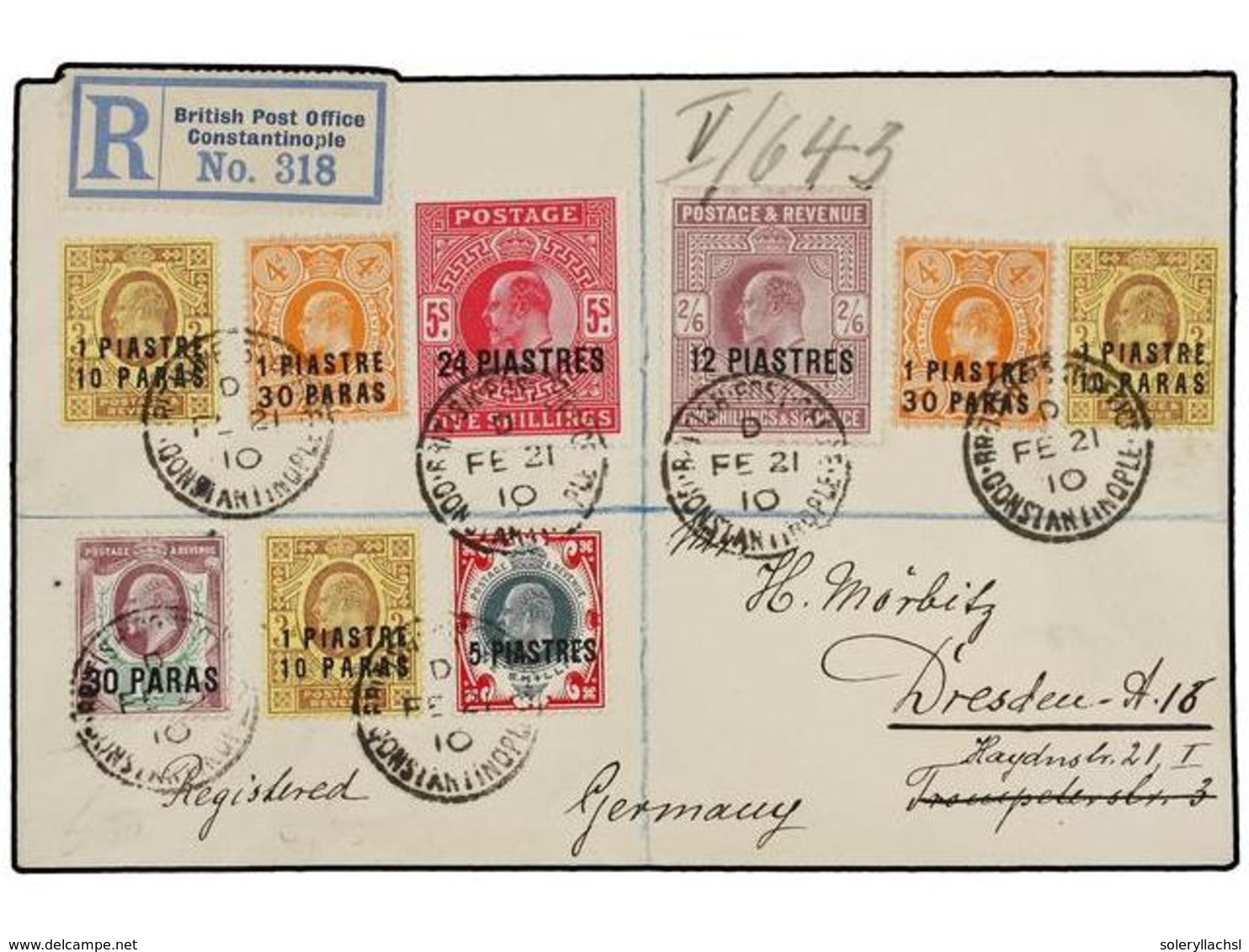 552 LEVANTE: CORREO INGLES. Sg.11/12, 16, 17 (3), 19 (2), 21. 1910. CONSTANTINOPLE To GERMANY. Fine And Nice Franking On - Autres & Non Classés