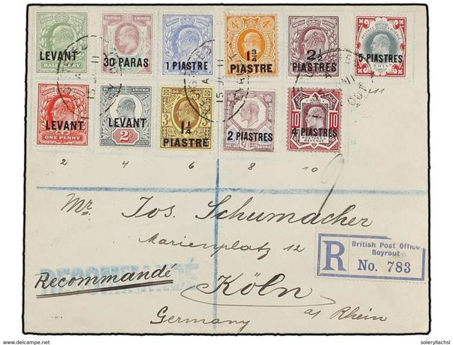 553 LEVANTE: CORREO INGLES. Sg.13/14, 16, 22/24, 31/32, 41/42. 1911. BEYROUT To GERMANY. Fine And Nice Franking On Regis - Andere & Zonder Classificatie