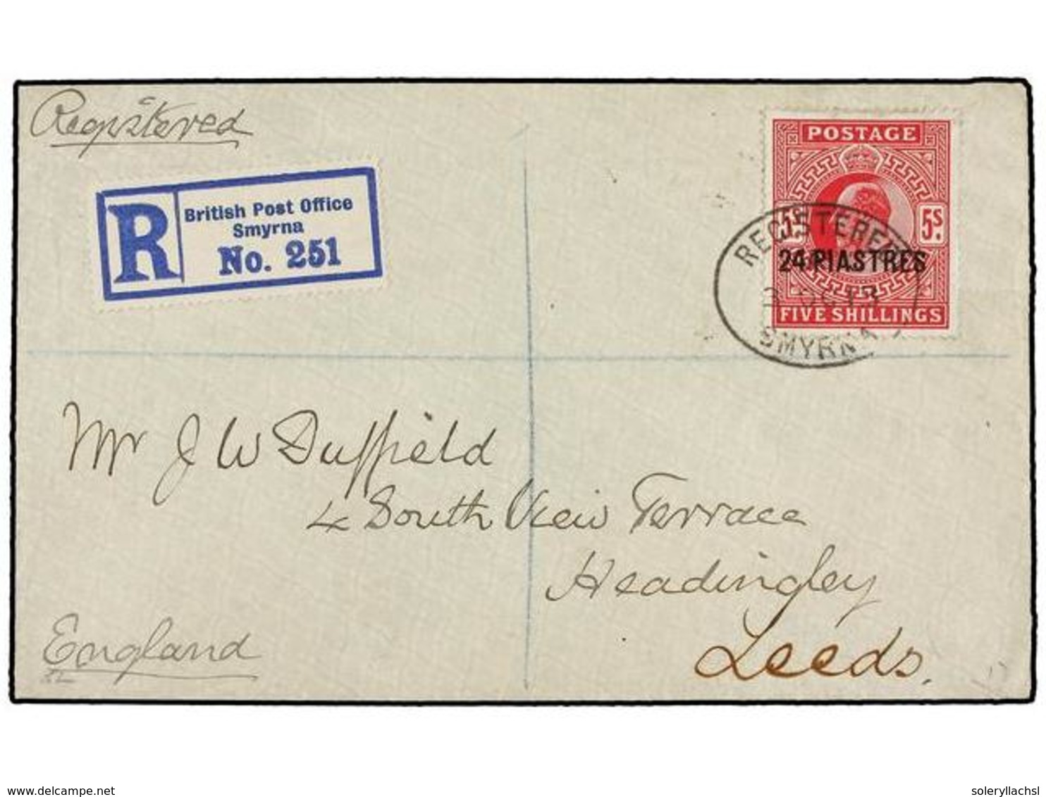 554 LEVANTE: CORREO INGLES. Sg.34. 1913. SMYRNA To ENGLAND. <B>24 Piastres</B> <B>on 5 Sh. </B>rose Red On Registered Co - Autres & Non Classés