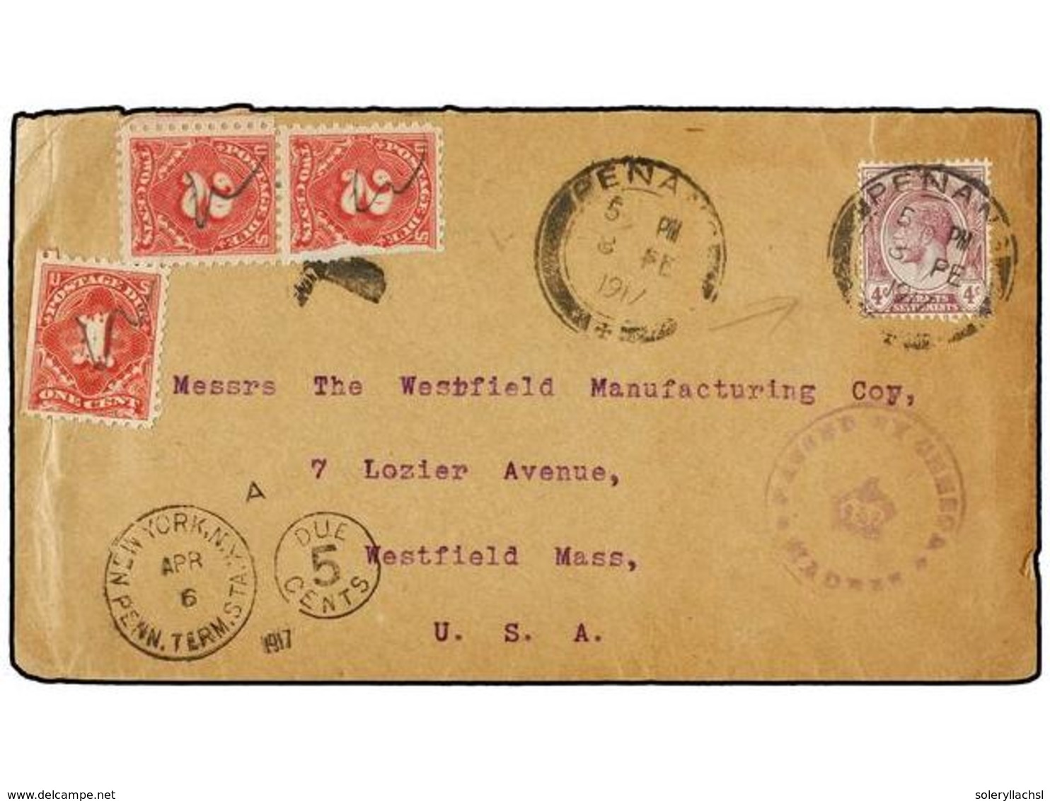 555 MALAYA. 1917. PENANG To U.S.A. Envelope Franked With <B>4 Cts.</B> Lilac Stamps Circular<B> PASSED BY CENSOR/MADRAS< - Andere & Zonder Classificatie