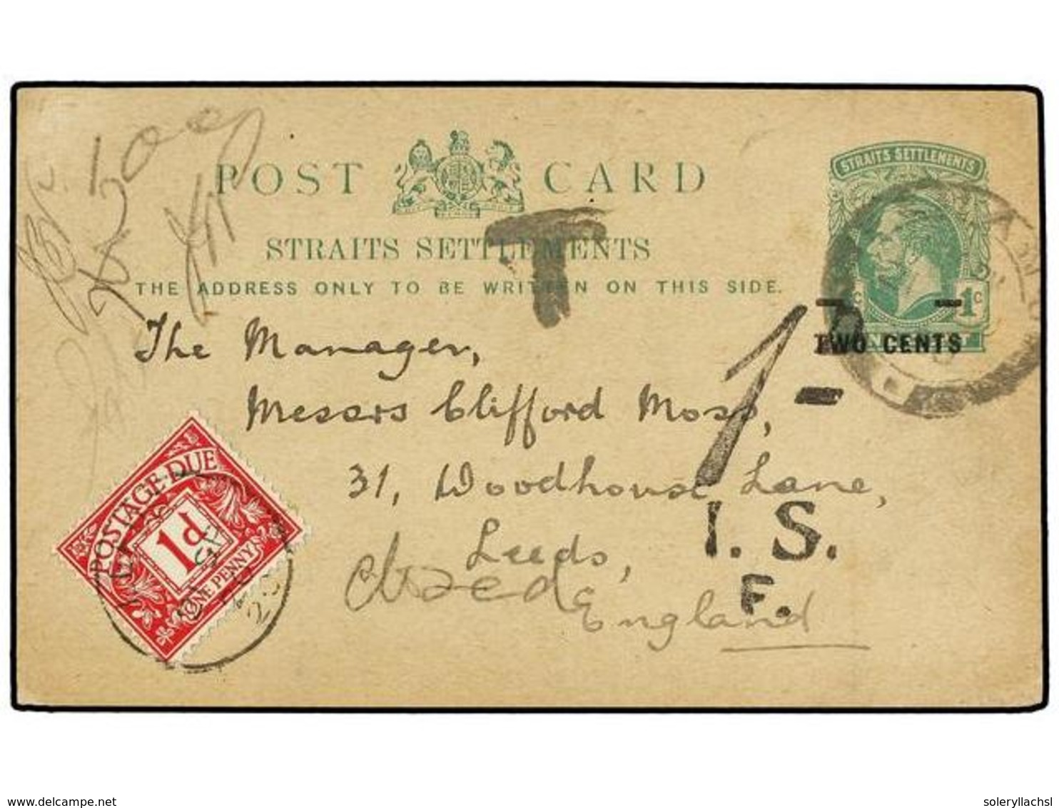 556 MALAYA. 1920. PENANG To ENGLAND. <B>2 Cents.</B> <B>on 1 Cts.</B> Green<B> </B>postal Stationary Card, Taxed On Arri - Autres & Non Classés