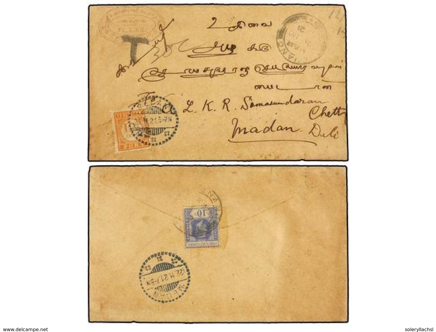 557 MALAYA. 1921. PENANG To MEDAN (Dutch Eaest Indies). Envelope Franked With <B>10 Cts.</B> Stamp (on Reverse). Taxed O - Andere & Zonder Classificatie