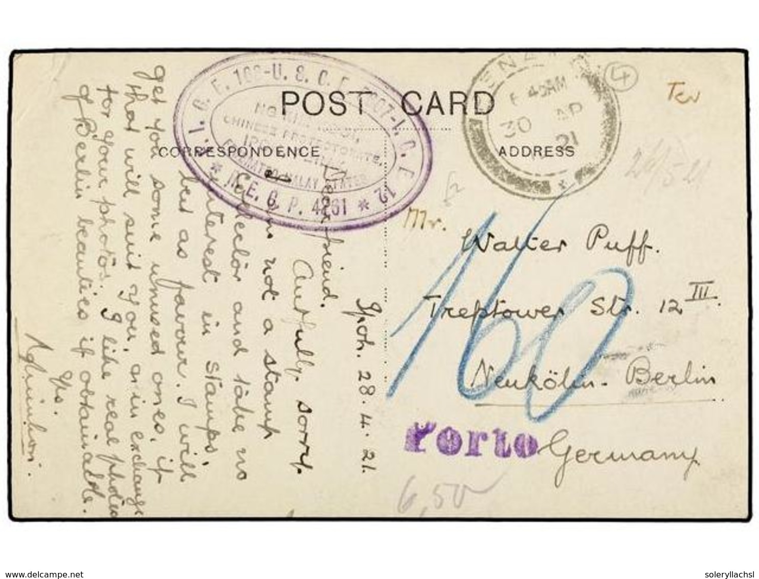 559 MALAYA. 1921. IPOH (Perak) To GERMANY. Postcard Posted In PENANG Without Stamp, By <B>PENANG</B> Cds And Taxed On Ar - Autres & Non Classés