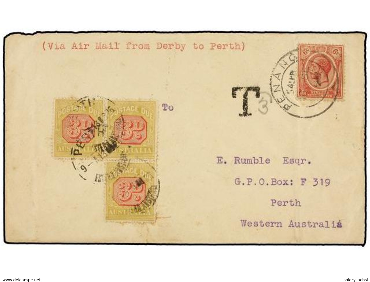 562 MALAYA. 1926. PENANG To PERTH (Australia). <B>AIR MAIL</B> Envelope Franked With <B>6 Cts.</B> Red Stamp, Taxed On A - Andere & Zonder Classificatie