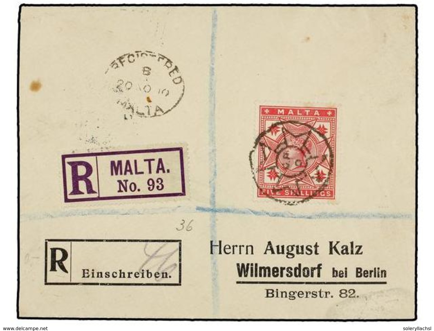 567 MALTA. Sg.30. 1910. MALTA To GERMANY. <B>5 Sh.</B> Rose Red On Registered Cover, Arrival On Reverse. RARE. - Andere & Zonder Classificatie