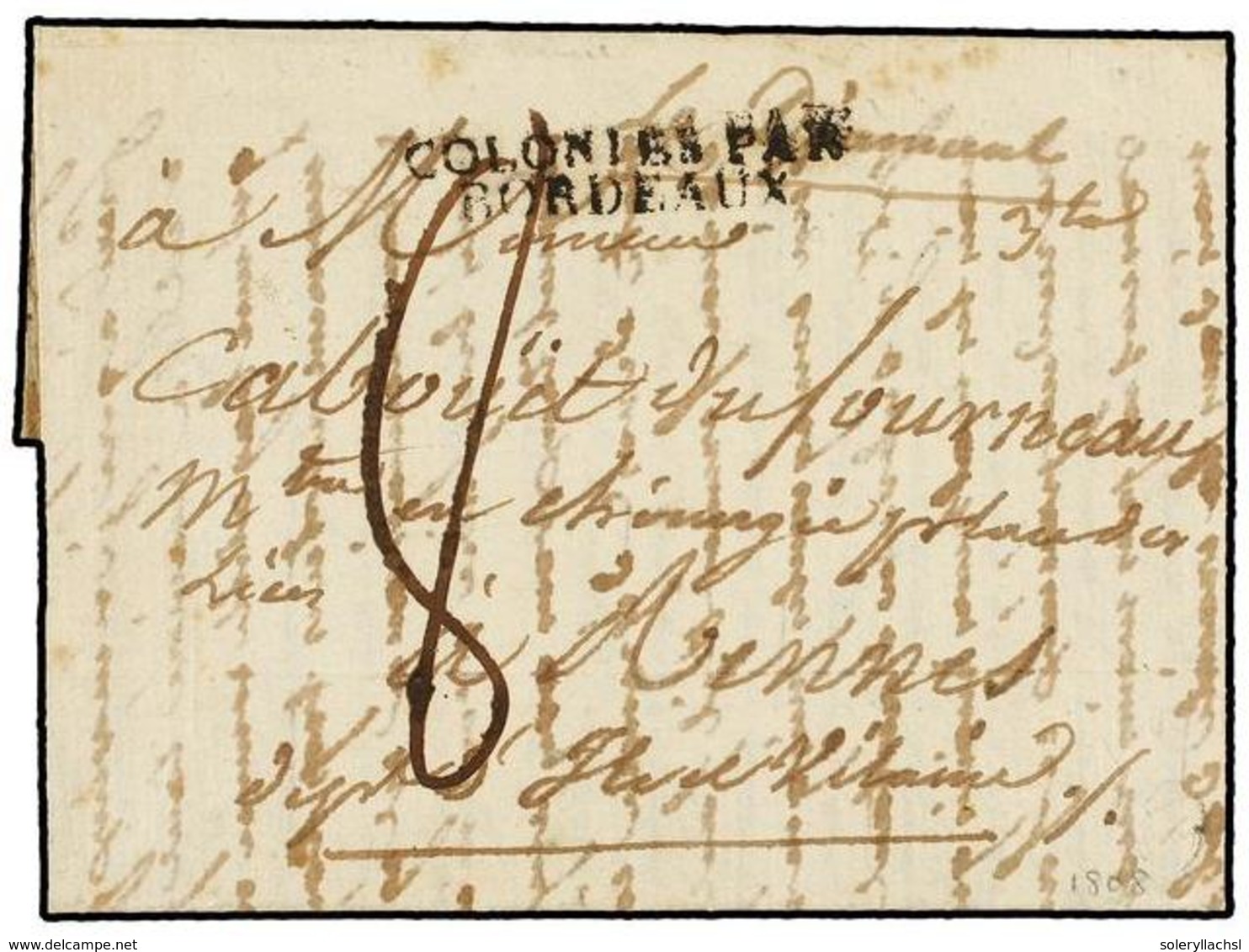 571 MAURICIO. 1808 (September 8). PORT NAPOLEON. ILE DE FRANCE To RENNES. Entire Letter With <B>COLONIES PAR/BORDEAUX</B - Autres & Non Classés