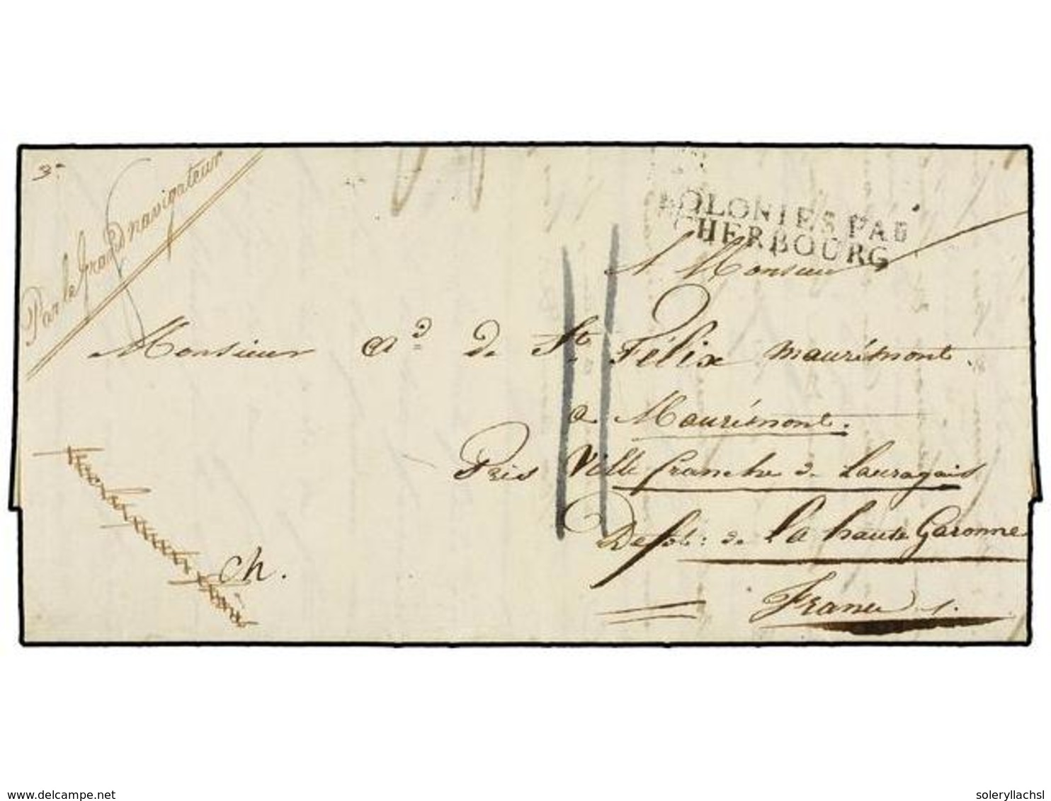 579 MAURICIO. 1823 (Janvier 12). <B>SAVANNE. </B>ILE MAURICE To VILLEFRANCHE. Entire Letter With <B>COLONIES PAR/CHERBOU - Autres & Non Classés