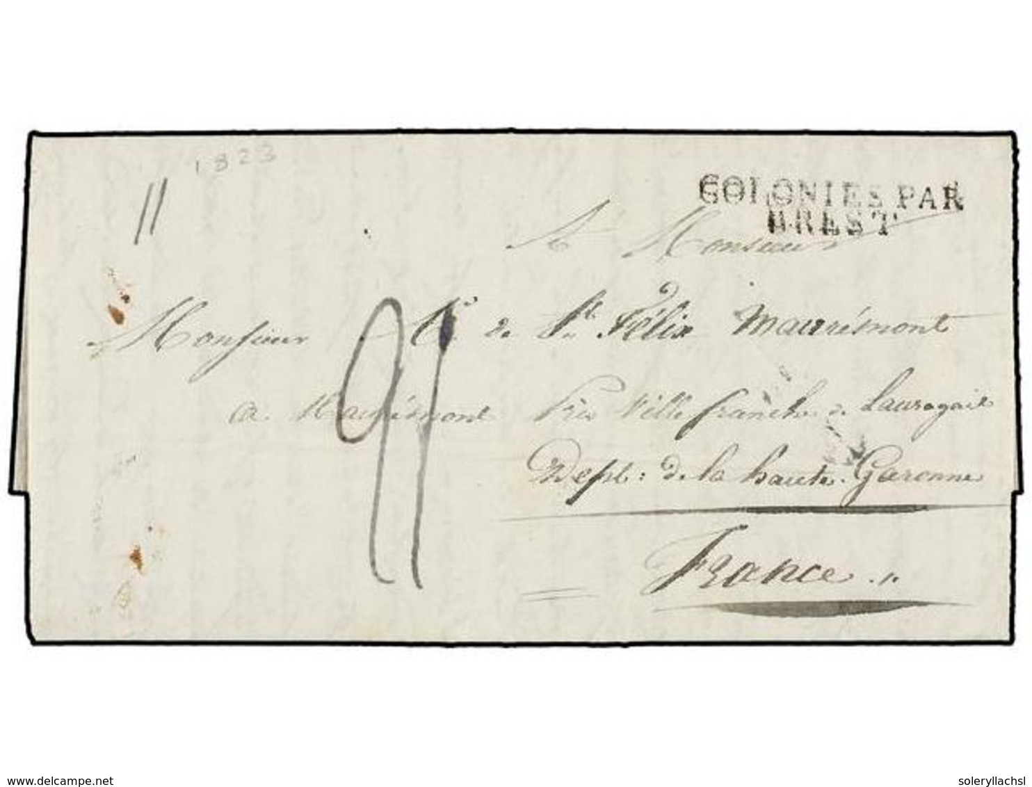 580 MAURICIO. 1823. PORT LOUIS To VILLAFRANCE. Entire Letter With <B>COLONIES PAR/BREST</B> Entry Mark, Rated <I>'21'</I - Andere & Zonder Classificatie