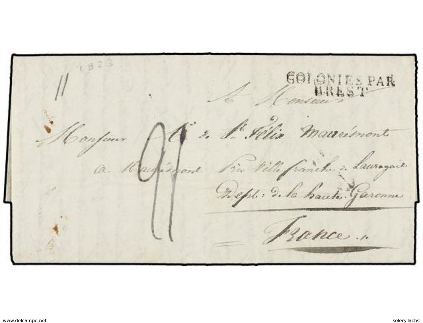 580 MAURICIO. 1823. PORT LOUIS To VILLAFRANCE. Entire Letter With <B>COLONIES PAR/BREST</B> Entry Mark, Rated <I>'21'</I - Autres & Non Classés