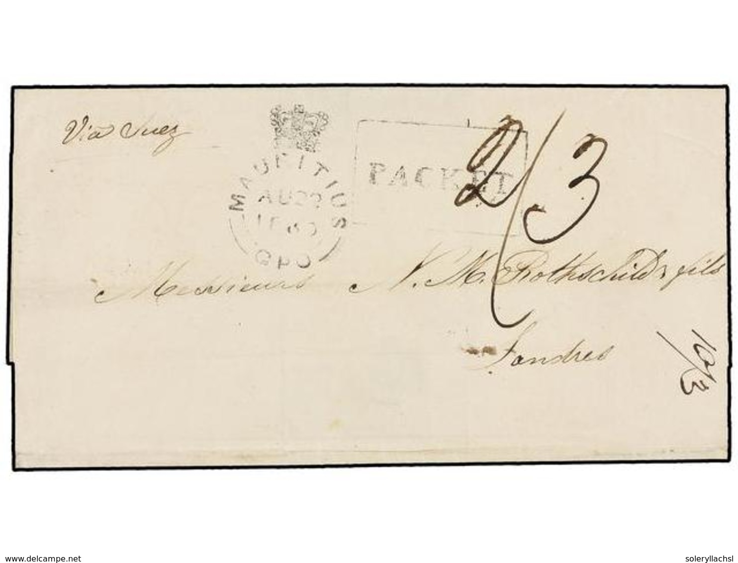 588 MAURICIO. 1850. MAURITIUS To LONDON. Folded Letter, Endorsed <I>'Via Suez'</I>, Crowned <B>MAURITIUS/GPO</B> And <B> - Autres & Non Classés