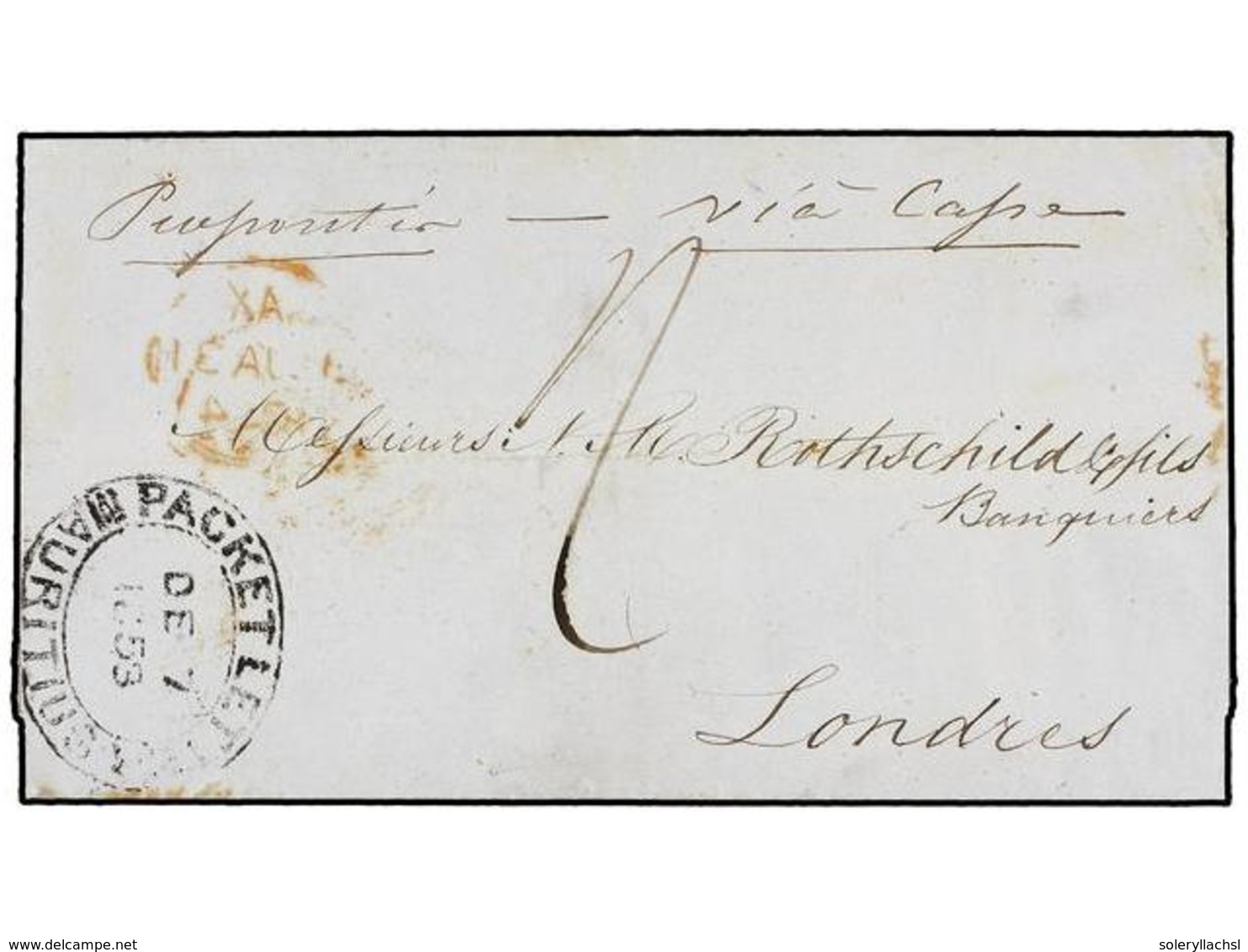 590 MAURICIO. 1853. MAURICE To LONDON. Folded Letter Endorsed <I>'Propontis, Via Cape'</I> Oval <B>PACKET LETTER/MAURITI - Andere & Zonder Classificatie