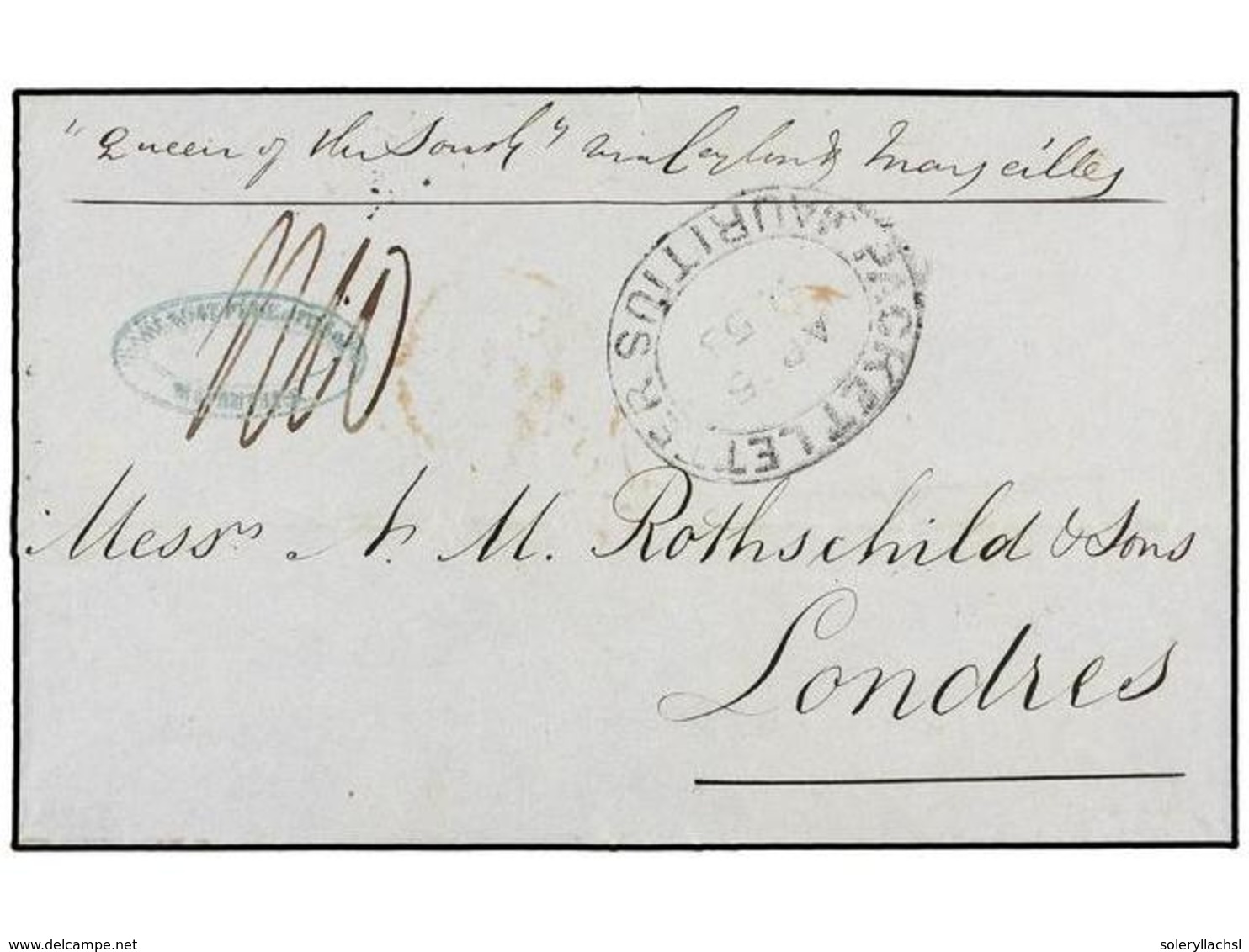 591 MAURICIO. 1855. MAURITIUS To LONDON. Folded Letter, Endorsed <I>'Queen Of The South, Via Ceylon And Marseille'</I> O - Autres & Non Classés