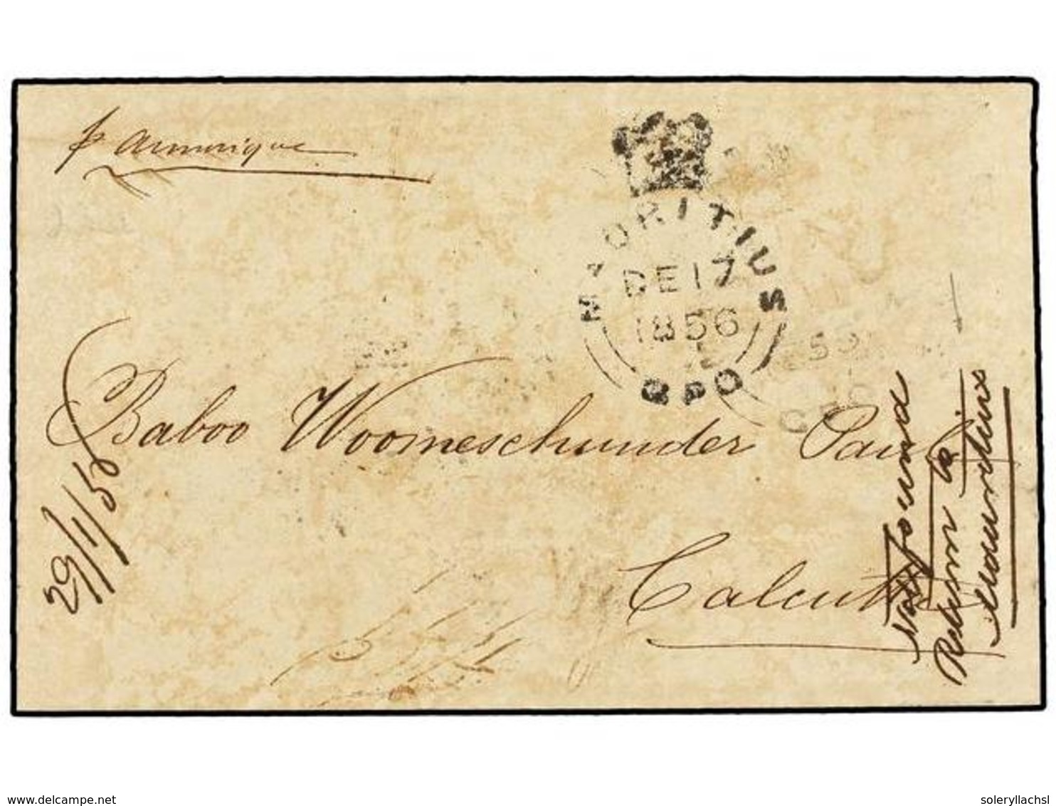 592 MAURICIO. 1856. MAURITIUS To CALCUTTA. Envelope With Contents Endorsed <I>'p. Amerique'</I>, Crowned <B>MAURITIUS/GP - Andere & Zonder Classificatie