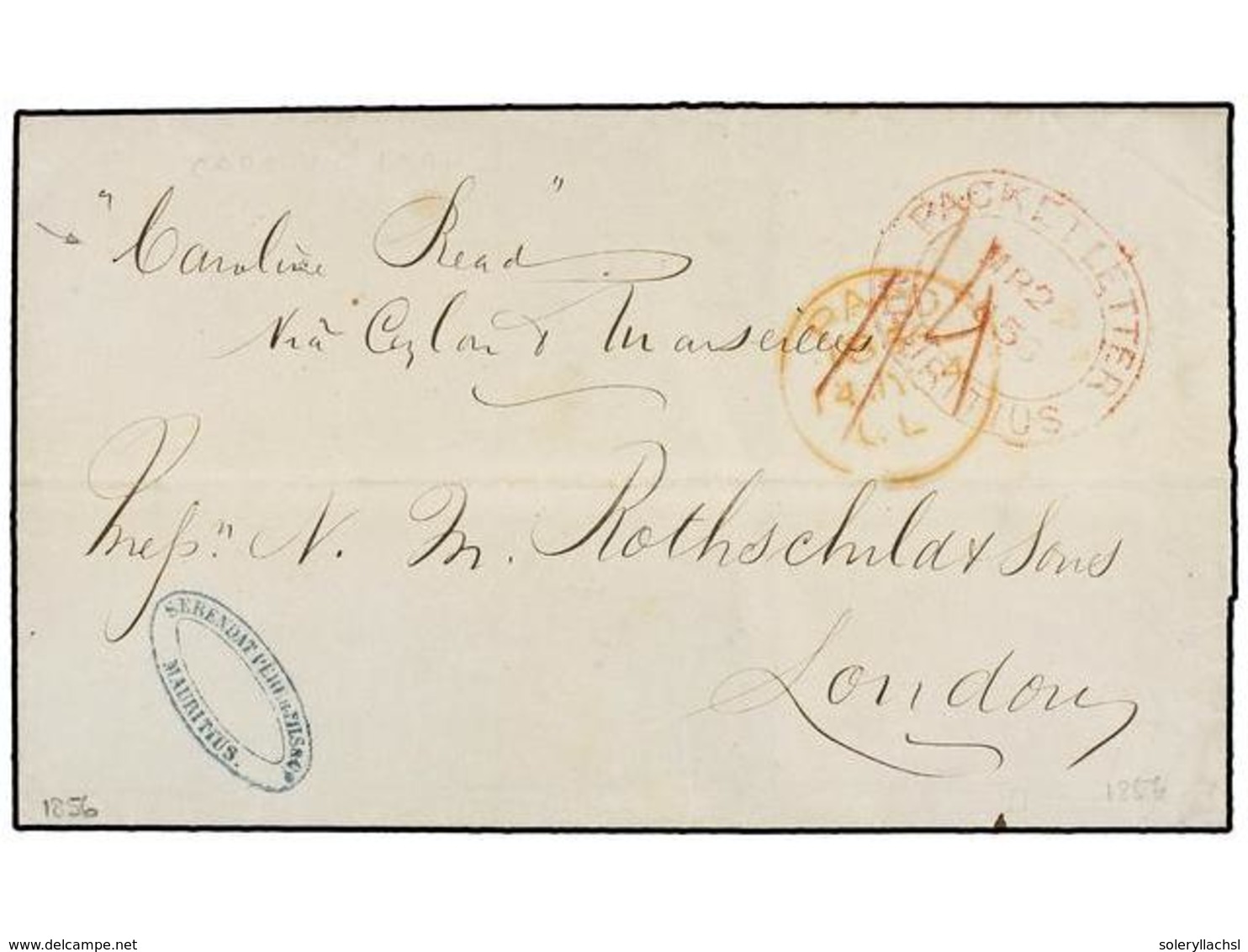 594 MAURICIO. 1856. MAURITIUS To LONDON. Folded Letter Endorsed <I>'Carolina Read, Via Ceylon And Marseille'</I>, Red Ov - Andere & Zonder Classificatie