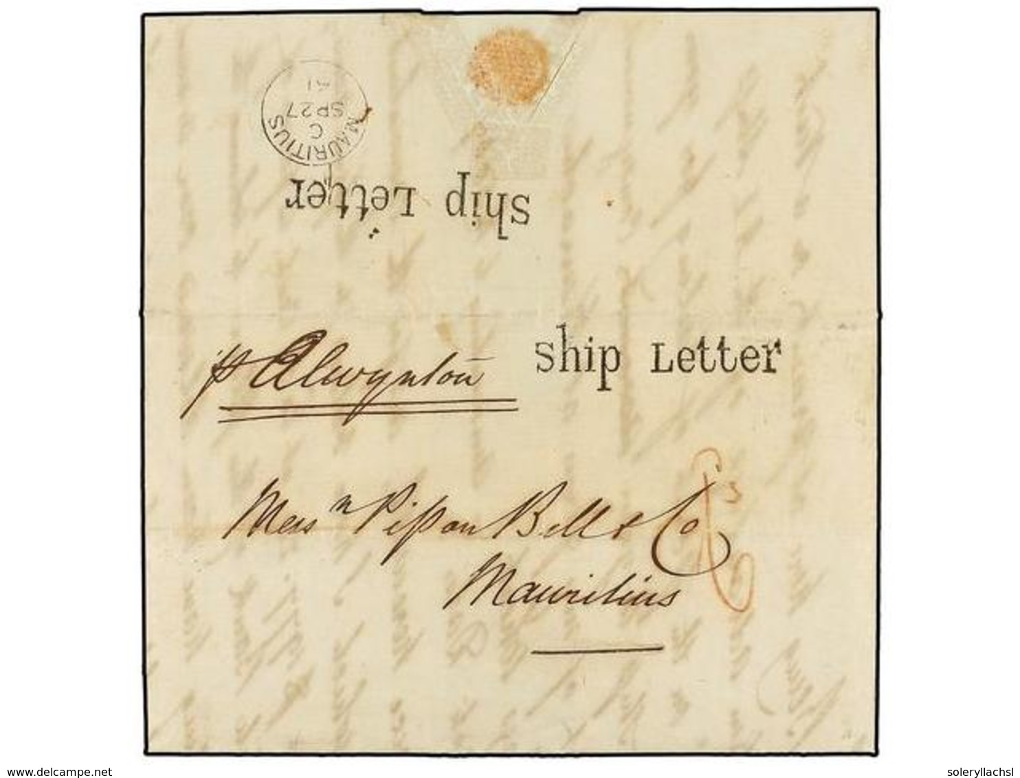 598 MAURICIO. 1861. BOMBAY To MAURITIUS. Entire Letter Rated <I>'6d' </I>showing Two Strikes <B>SHIP LETTER,</B> Endorse - Andere & Zonder Classificatie