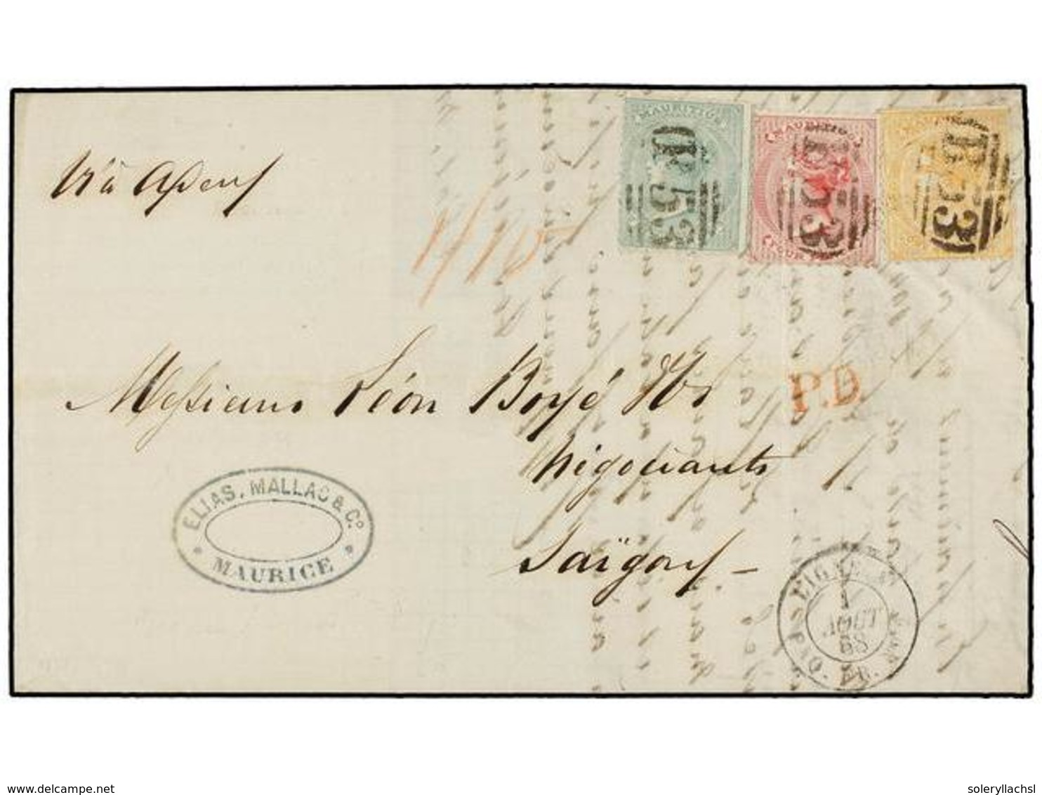 599 MAURICIO. Sg.58, 62, 65. 1868. MAURICE To SAIGON (Indochina). Entire Letter Franked With <B>1 D.</B> Bistre, <B>4 D. - Andere & Zonder Classificatie