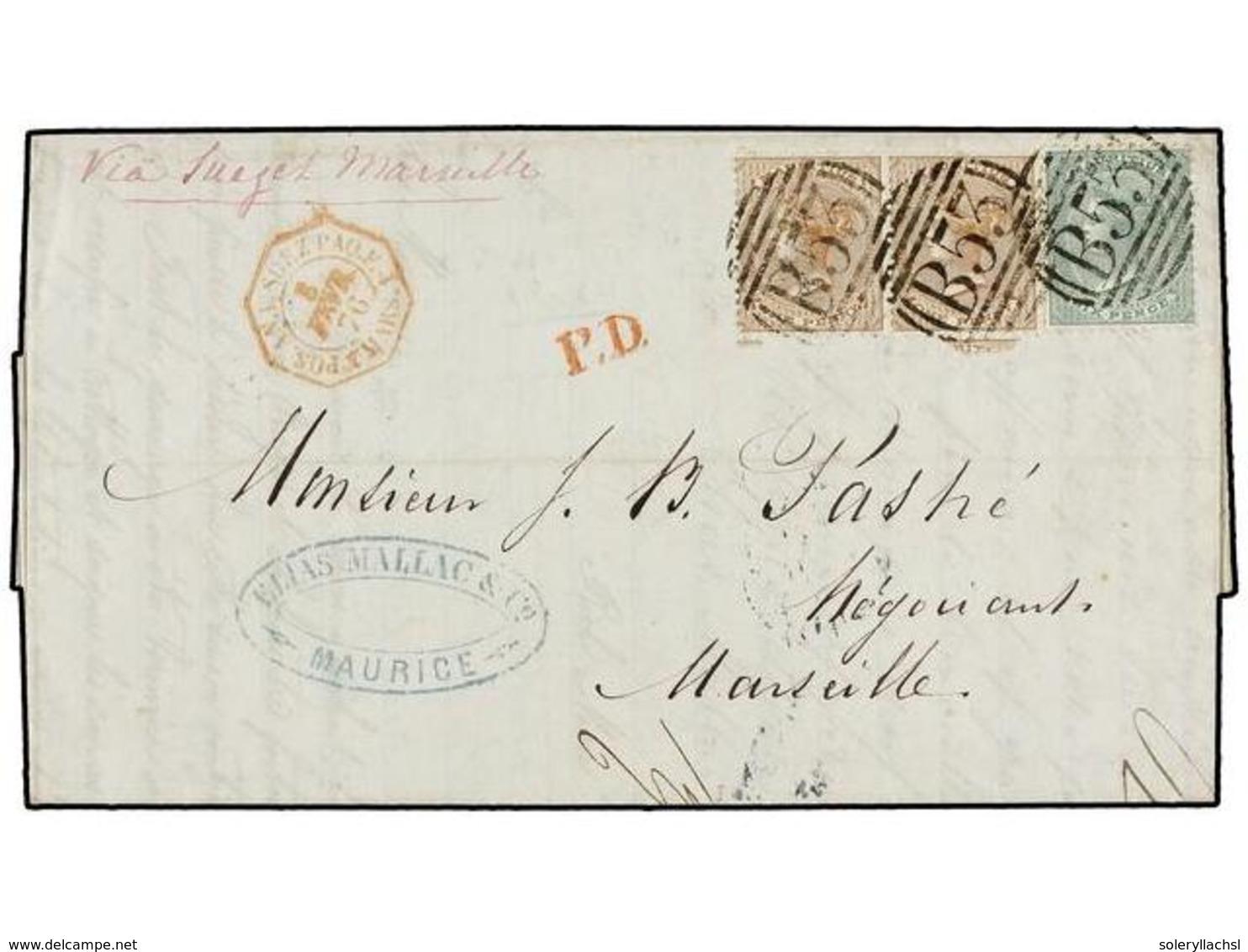 603 MAURICIO. Sg.57 (2), 65. 1876. MAURICE To FRANCE. Entire Letter Franked With Pair <B>1 D.</B> Brown And <B>6 D.</B>  - Andere & Zonder Classificatie