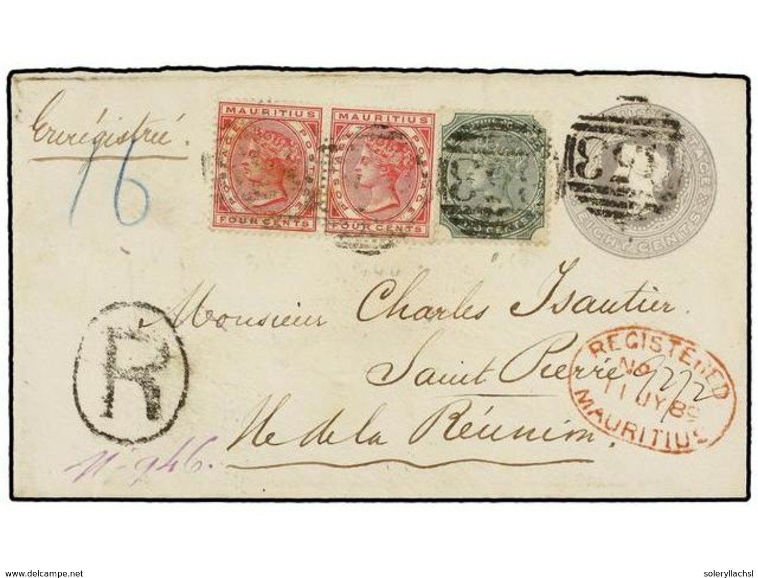 605 MAURICIO. Sg.103, 105 (2). 1889. MAURITIUS To ST. PIERRE (Ile Reunion). <B>8 Cent.</B> Grey Postal Stationery Envelo - Sonstige & Ohne Zuordnung