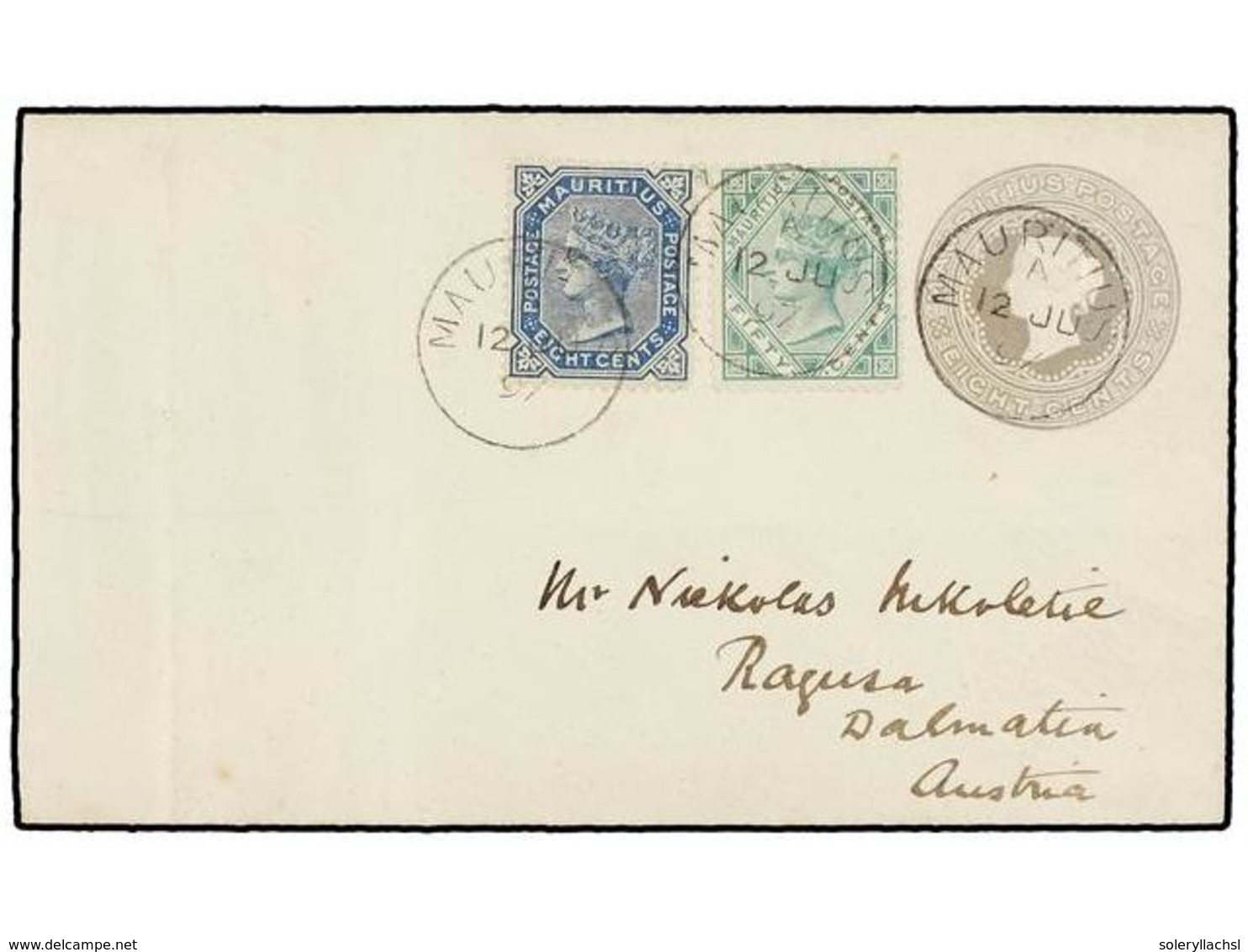 606 MAURICIO. Sg.94, 99. 1897. MAURITIUS To RAGUSA (Croatia, Dalmatia). <B>8 Cents. </B>grey Postal Stationery Envelope  - Autres & Non Classés