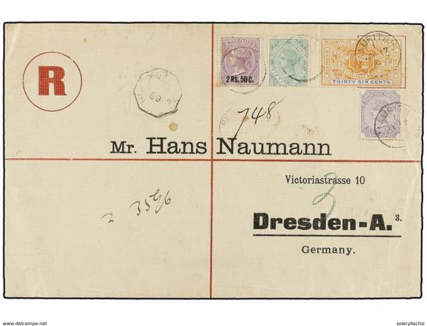 607 MAURICIO. Sg.91, 99, 101, 133. 1899. MAURITIUS To GERMANY. Envelope Franked With <B>1 Cent.</B>, <B>2 Rs.</B> <B>on  - Andere & Zonder Classificatie