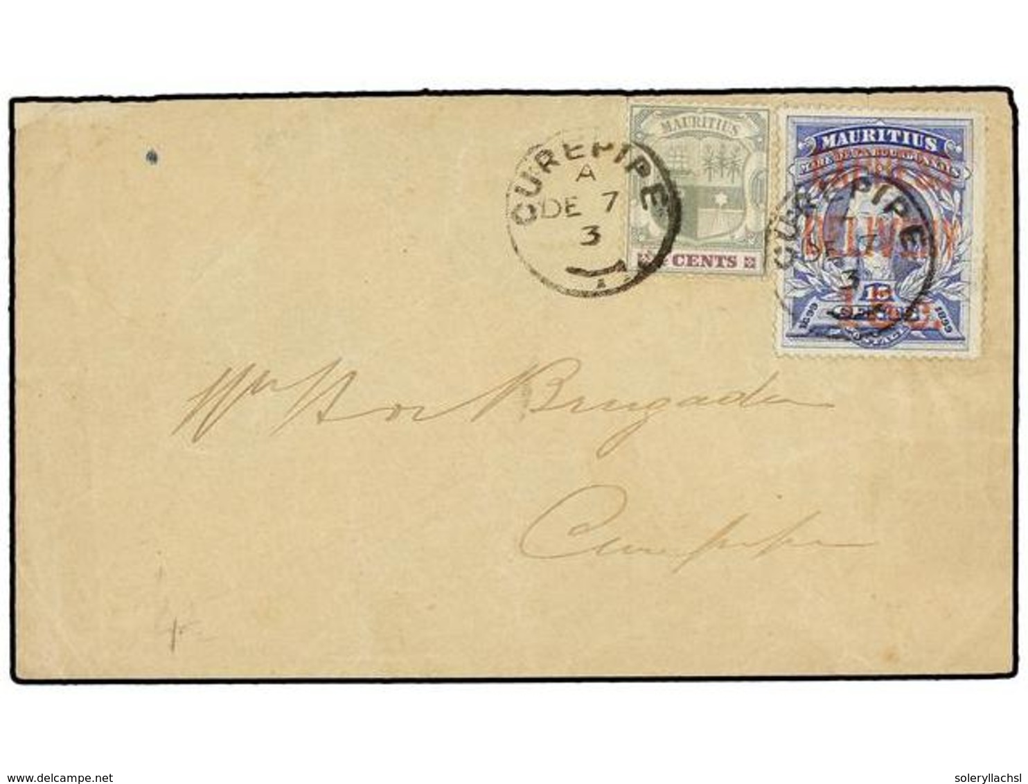 608 MAURICIO. Sg.142 + E1. 1903. CUREPIPE Locally Used. Envelope Franked With <B>4 Cents.</B> And Express Delivery <B>15 - Autres & Non Classés