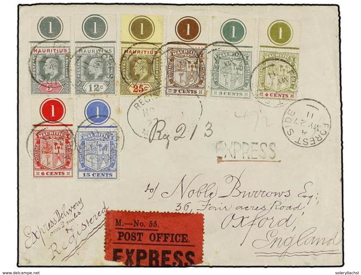 609 MAURICIO. Sg.182/84, 186, 189, 196/99. 1911. FOREST SIDE To ENGLAND. Espectacular Franking With Stamps By Plate Numb - Andere & Zonder Classificatie