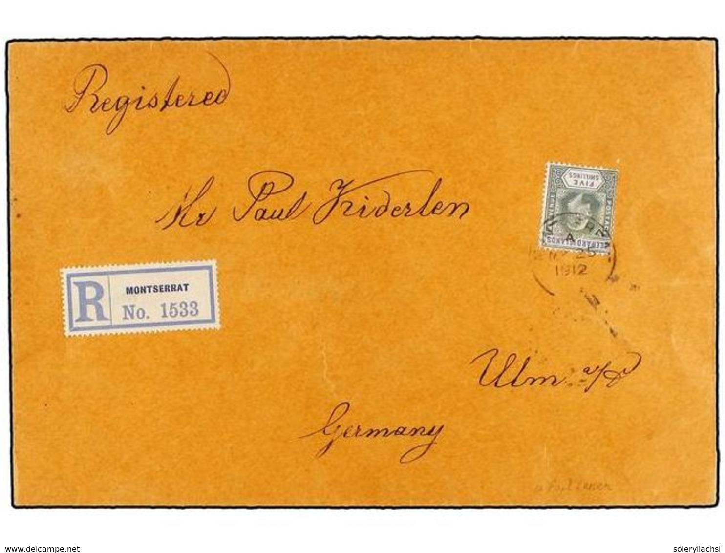610 MONTSERRAT. 1912. MONTSERRAT To GERMANY. Envelope Franked With Leeward <B>5 Sh. </B>green And Blue Stamp (Sg. 28), R - Andere & Zonder Classificatie