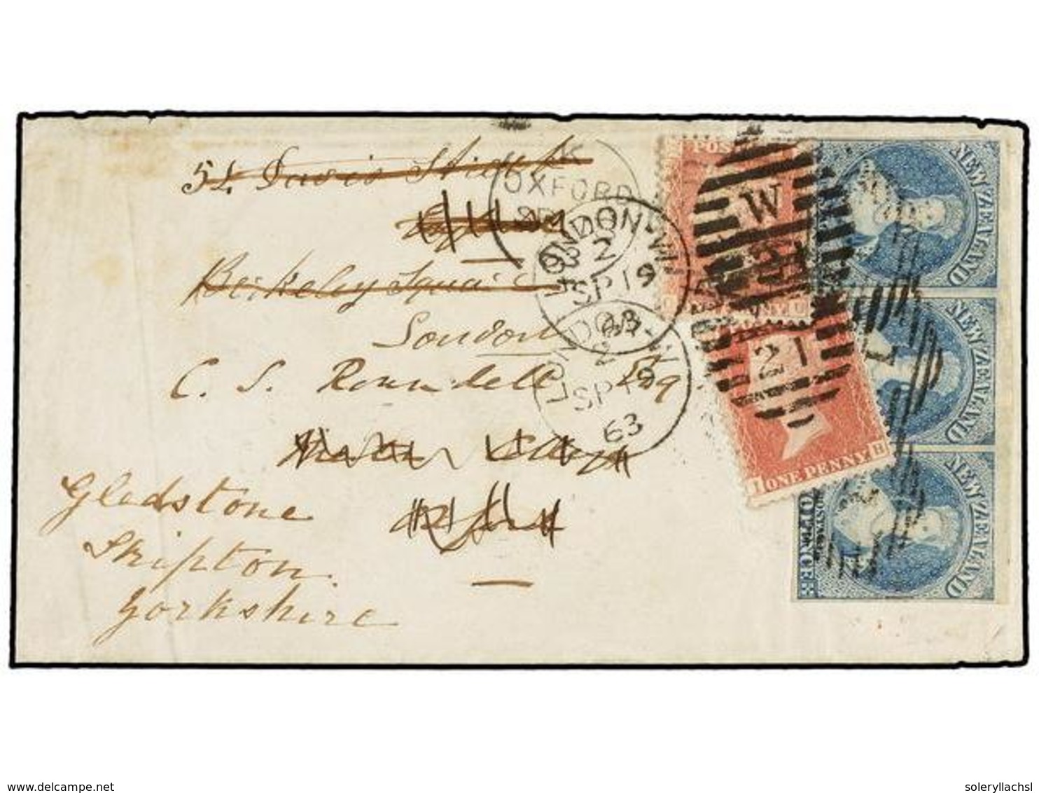 611 NUEVA ZELANDA. Sg.37a (3). 1863. AUCKLAND To OXFORD (England). Envelope Franked With Strip Of Three Of <B>2 D.</B> P - Andere & Zonder Classificatie