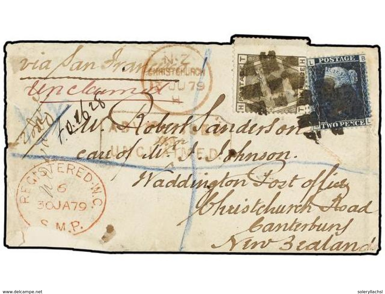 612 NUEVA ZELANDA. 1879. LONDON To CHRISTCHURCH (New Zealand) Envelope Franked With <B>2 D.</B> Blue And <B>6 D.</B> Oli - Other & Unclassified