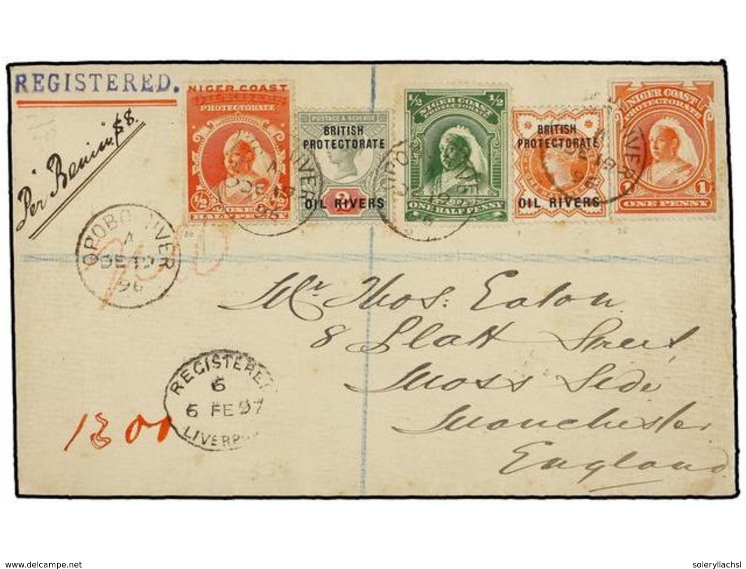 614 NIGERIA. Sg.1, 3, 45, 46 (2). 1896. OPOBO RIVER To ENGLAND. <B>1/2 D.</B> (2), <B>1 D.</B> And <B>OIL RIVERS, 1/2 D. - Other & Unclassified