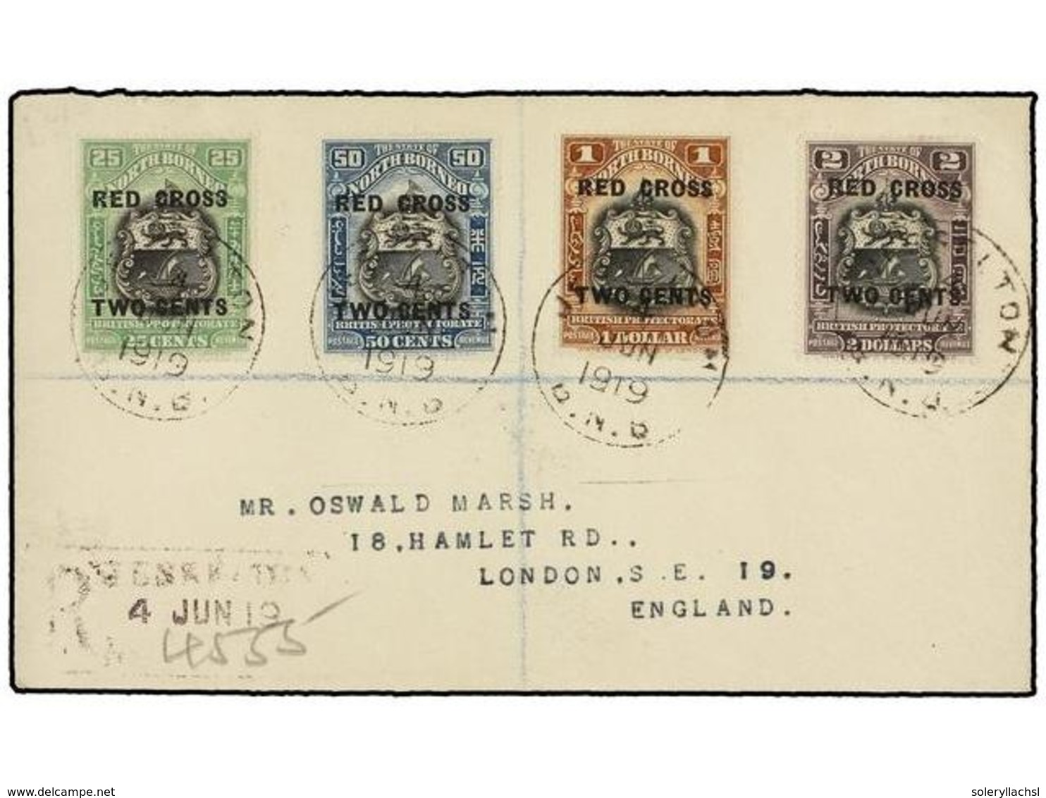 616 BORNEO. Sg.229/32. 1919. NORTH BORNEO To ENGLAND. Envelope Franked With <B>RED CROSS</B> Stamps On Registered Cover, - Sonstige & Ohne Zuordnung