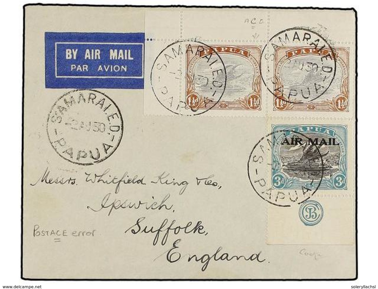 617 PAPUA Y NUEVA GUINEA. Sg.95d+95, 112. 1930. SAMARAI To ENGLAND. <B>AIR MAIL</B> Cover Franked With <B>1 1/2 D. </B>( - Autres & Non Classés
