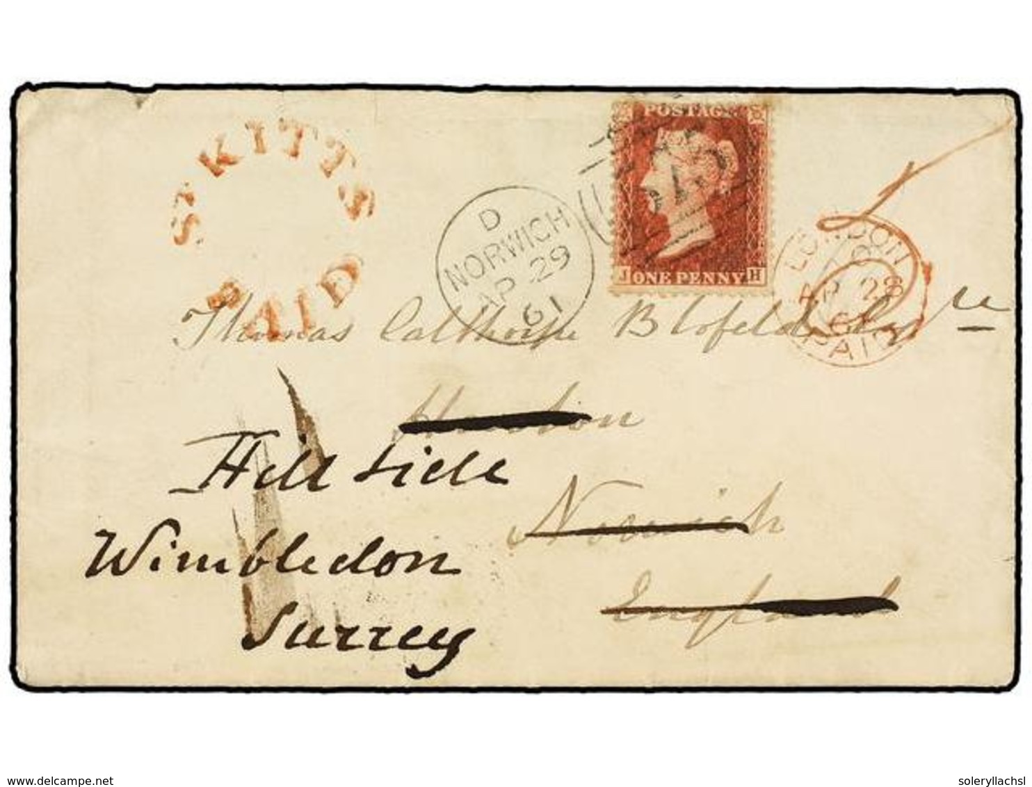 624 SAN KITTS-NEVIS. 1861 (April 12). BASSETERRE (St. Kitts) To NORWICH (England). Envelope With Full Contents, Showing  - Other & Unclassified