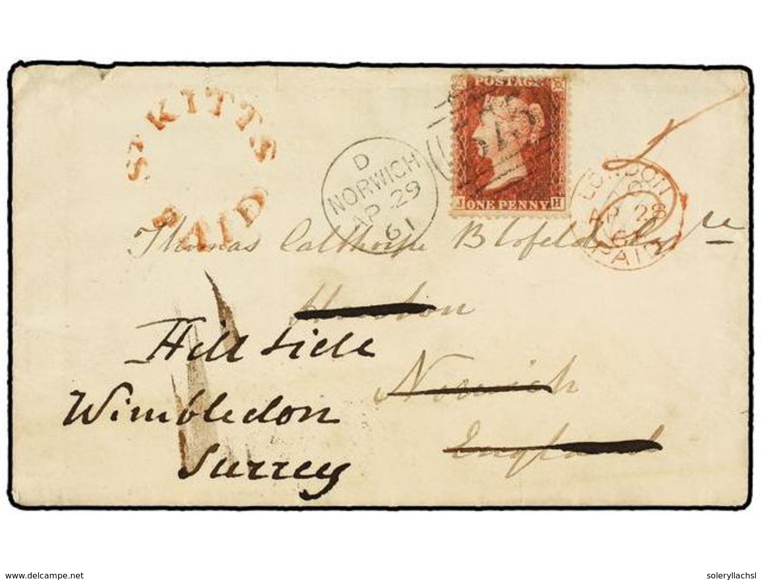 624 SAN KITTS-NEVIS. 1861 (April 12). BASSETERRE (St. Kitts) To NORWICH (England). Envelope With Full Contents, Showing  - Autres & Non Classés