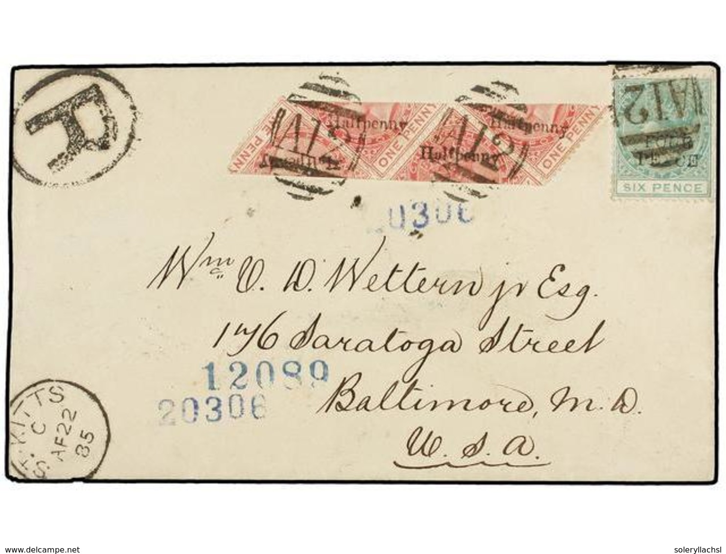 625 SAN KITTS-NEVIS. Sg.22, 23 (4). 1885. ST. KITTS To BALTIMORE (Usa). Envelope Bearing A Strip Of Three And A Single ( - Other & Unclassified
