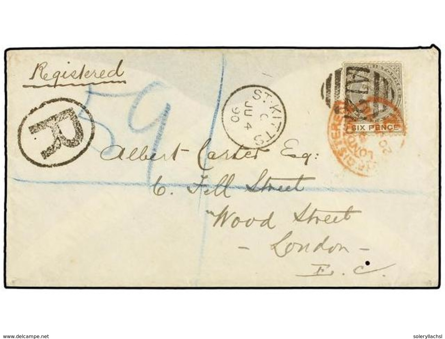 626 SAN KITTS-NEVIS. 1890. ST. KITTS To LONDON. Envelope Franked With <B>6 D.</B> Olive Brown Tied By <B>'A12' </B>oblit - Autres & Non Classés