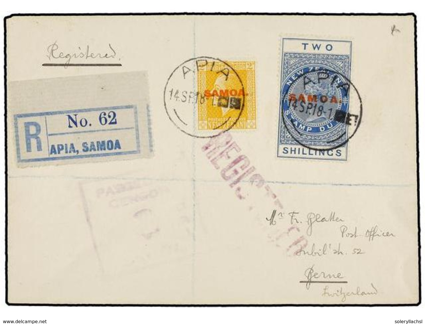 628 SAMOA. Sg.122, 137. 1918. APIA To SWITZERLAND. Envelope Franked With <B>2 D.</B> Yellow And <B>2 Sh.</B> Blue Stamps - Other & Unclassified