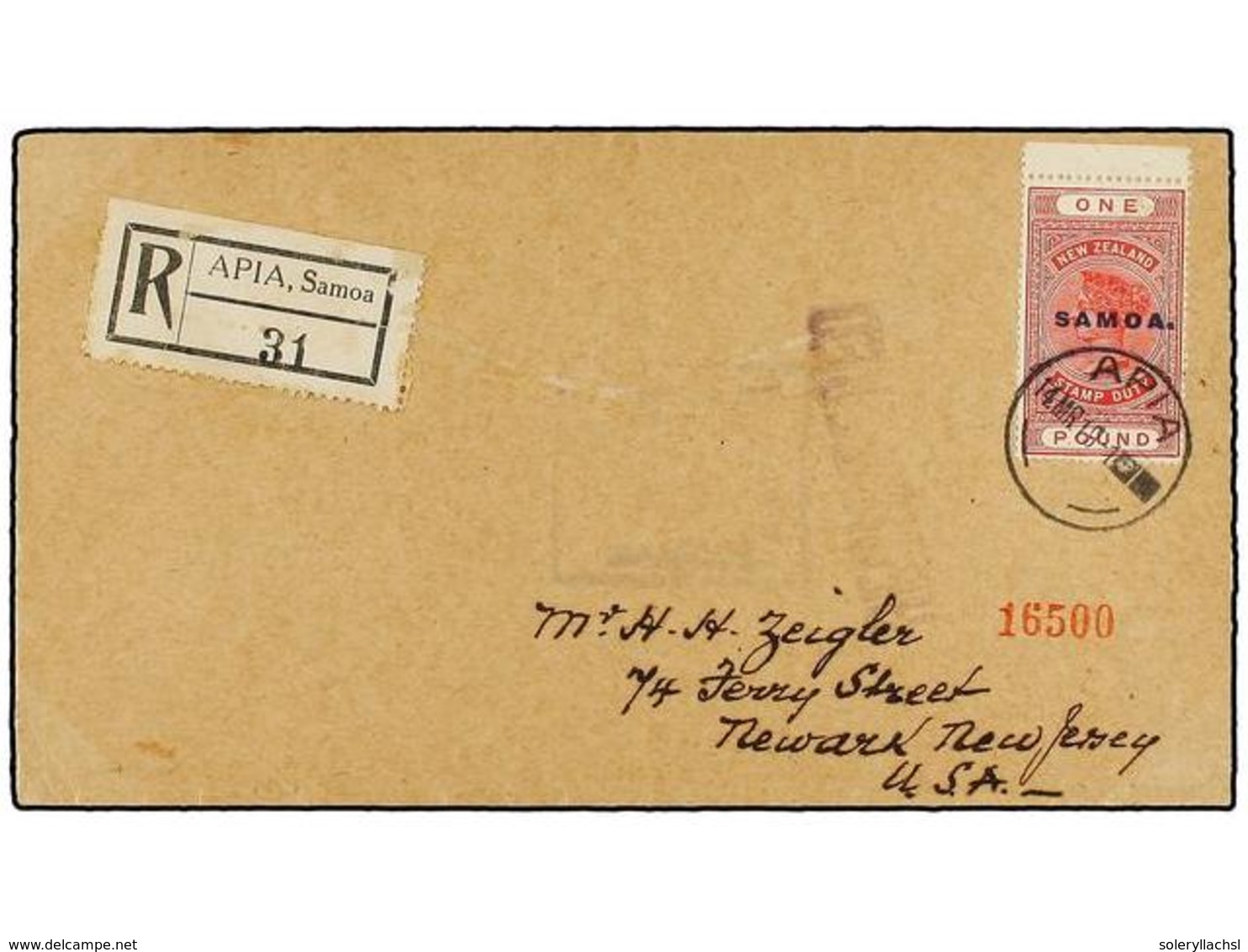 629 SAMOA. Sg.132. 1919. APIA To U.S.A. Envelope Franked With <B>1 Pound</B> Rose Stamp On Registered Cover, Arrival On  - Other & Unclassified