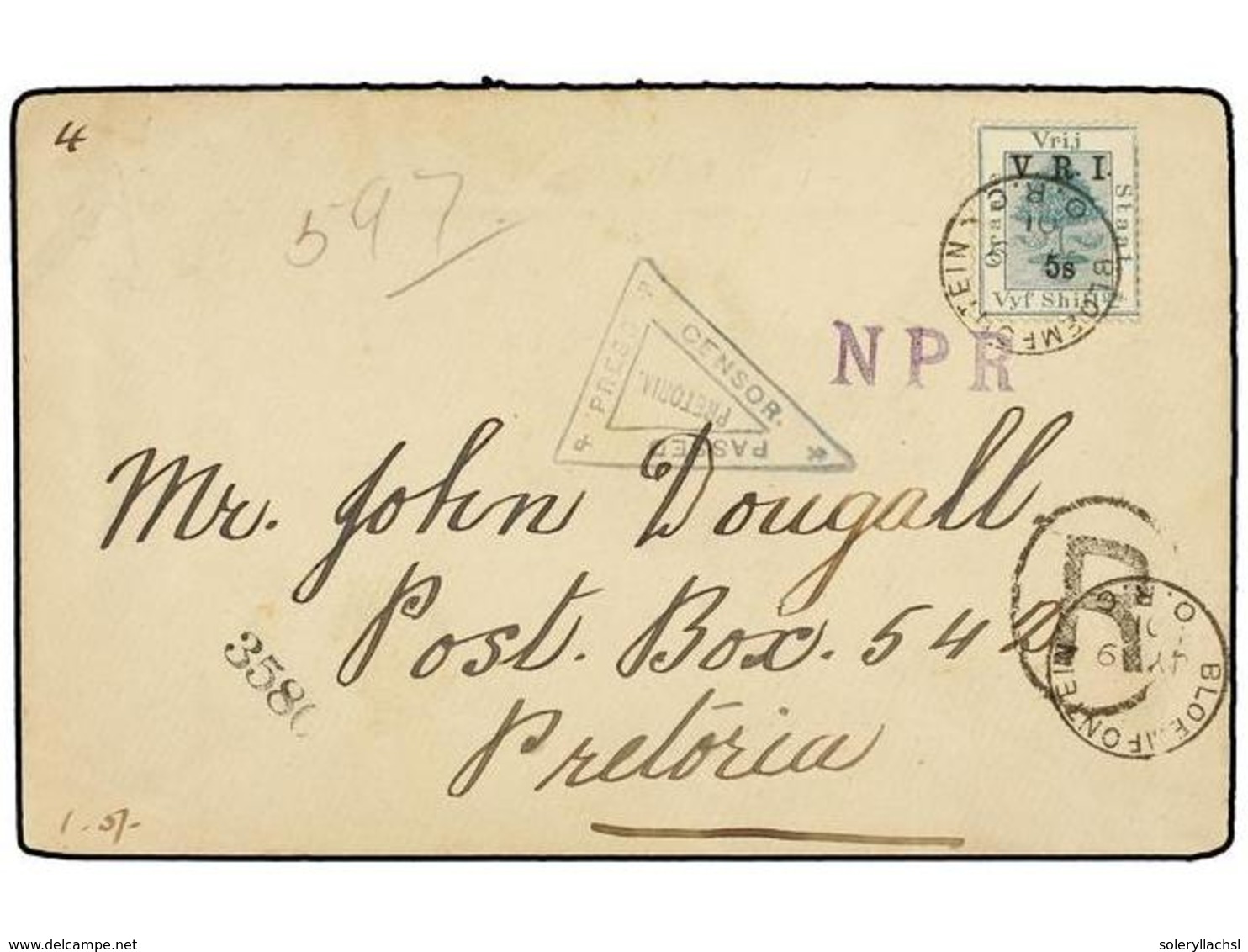 631 ORANGE. Sg.111. 1901. <B>ORANGE FREE STATE. </B>BLOEMFONTEIN To PRETORIA. <B>5 Sh.</B> Green On Registered Cover. Ce - Autres & Non Classés